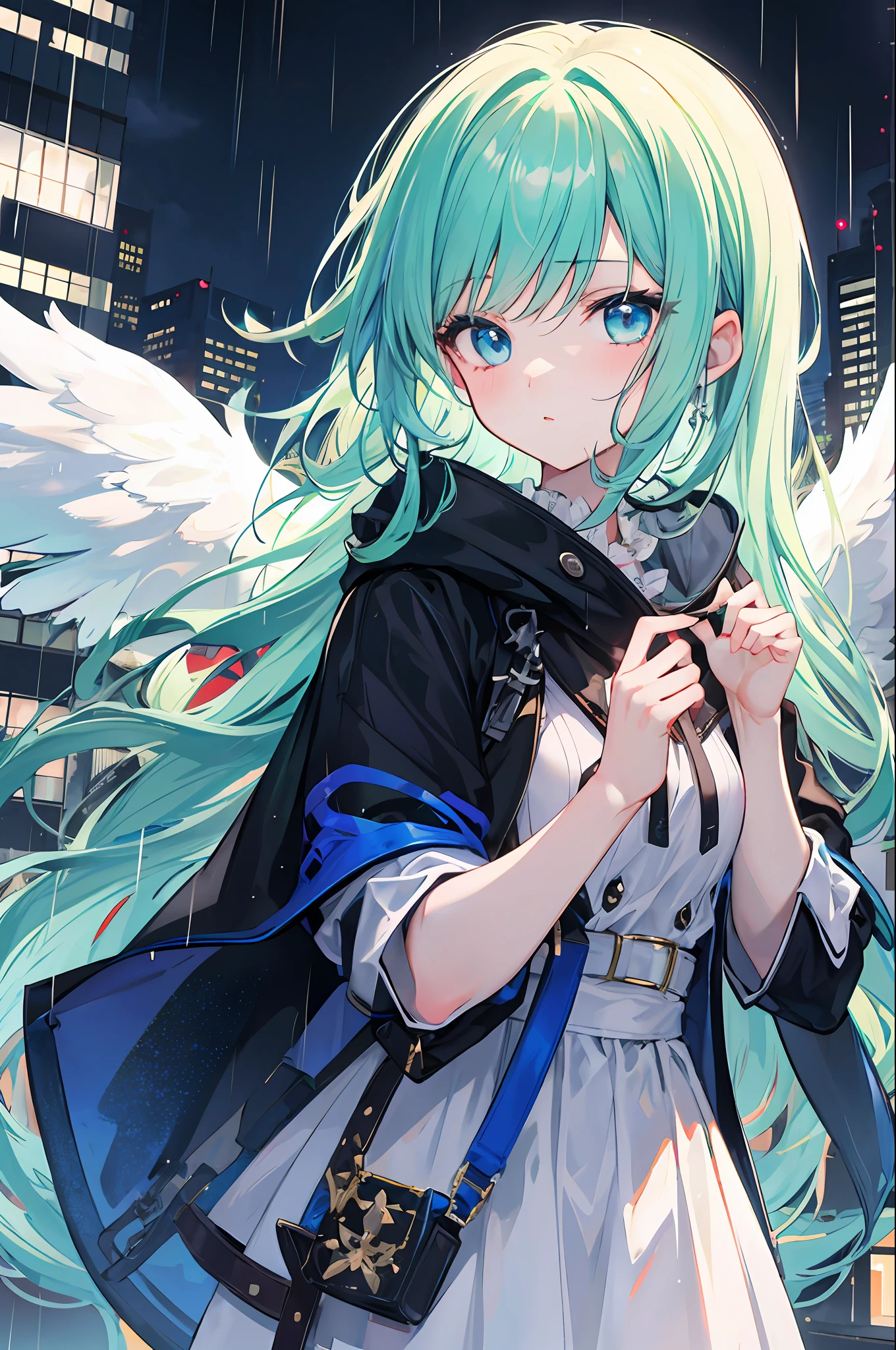 1 girl, night city, rain, angel, mint green hair, blue eyes, fair skin, big