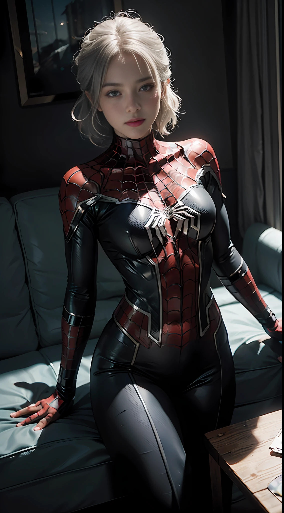 (Extreme Detail CG Unity 8K wallpaper, masterpiece, highest quality), (Exquisite lighting and shadow, highly dramatic picture, Cinematic lens effect), a girl in a white Spider-Man costume, silver gray hair color, from the Spider-Man parallel universe, Wenger, Marvel, Spider-Man, sitting on the couch, dynamic pose), (excellent detail, excellent lighting, wide angle), (excellent rendering, enough to stand out in its class), focus on white Spider-Man costumes, complex spider textures