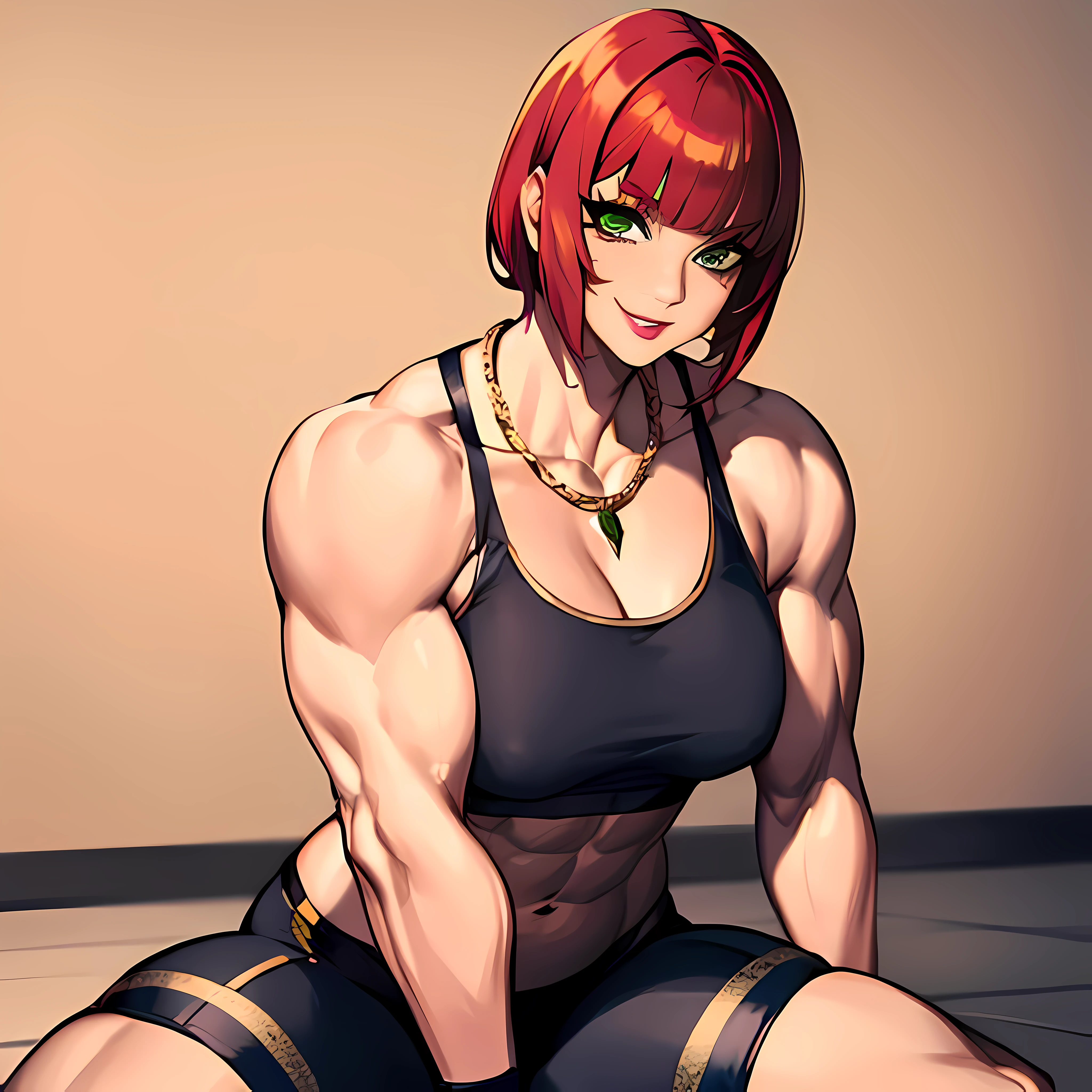 Marisa,short red hair, blunt bangs, makeup, green eyes ,muscular, biceps, close up, smile,
Mattire, fingerless gloves, black sports bra with gold trim, big necklace, toeless legwear, bike shorts, small skirt,
(insanely detailed, beautiful detailed face, masterpiece, best quality)