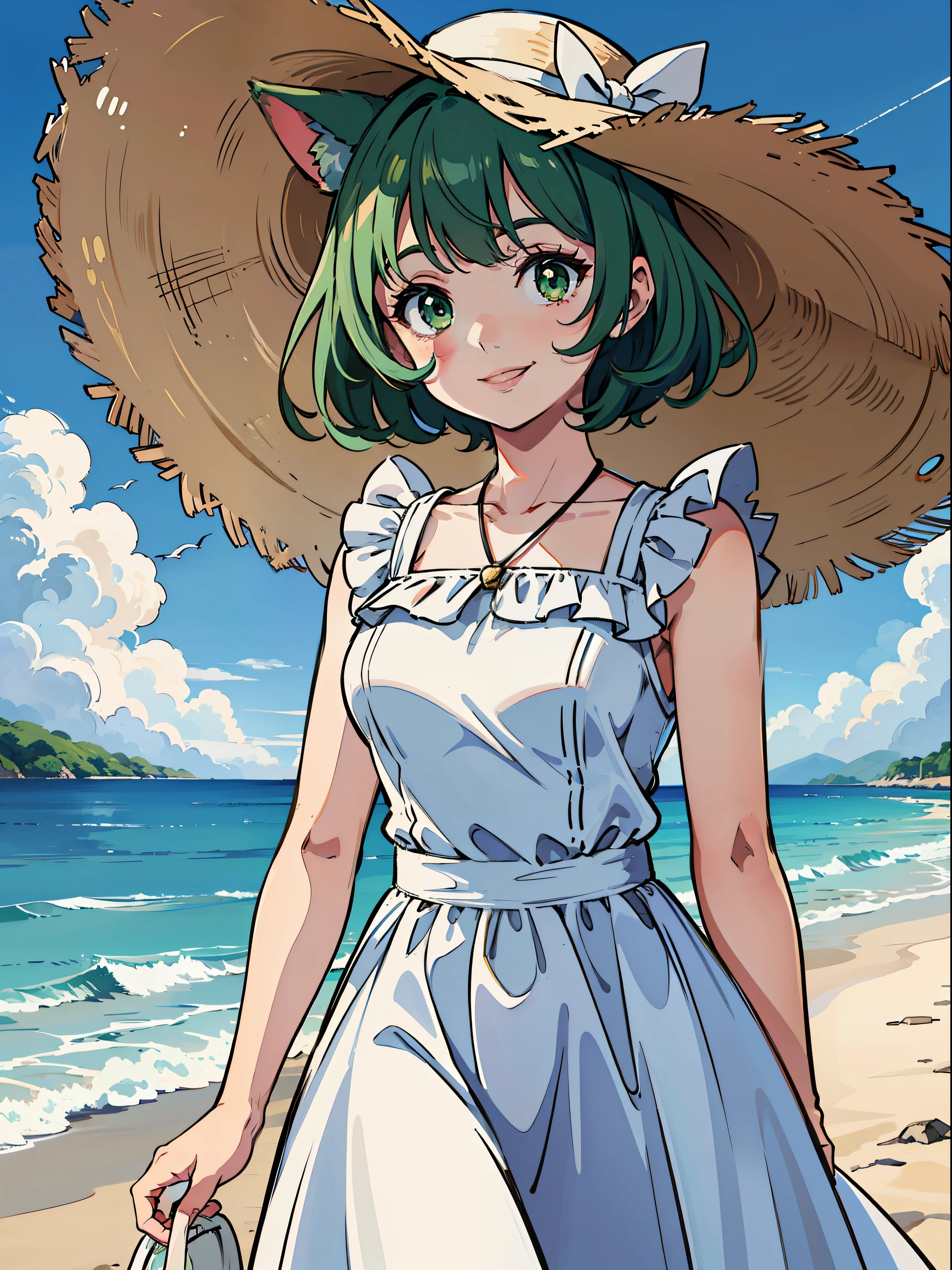 Smiling cat girl (short green bobbed hair, green eyes) holding white wide-brimmed hat in her hands, white dress, walking on the beach, blue sky, white big clouds, sunshine