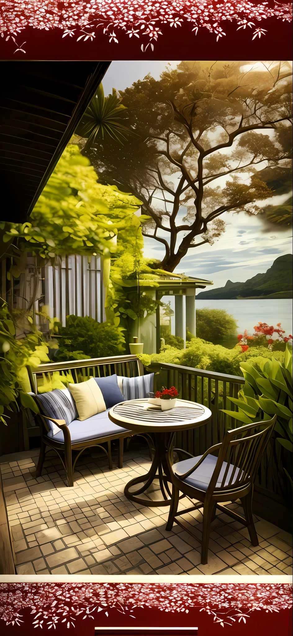 Seaside, river, red flowers, greenery, sofas, pillows, tables, stools, large trees, ivy