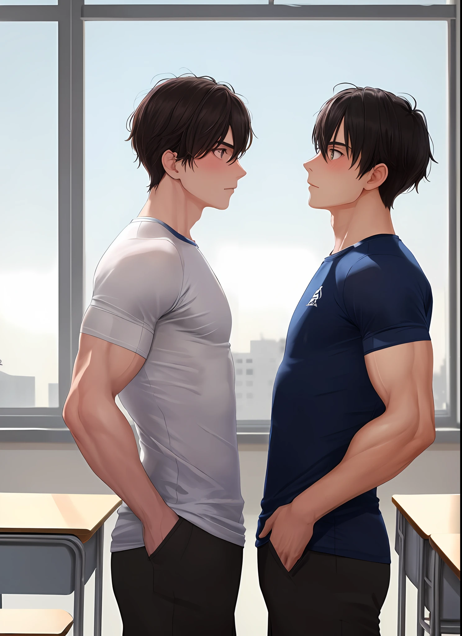 2guys, muscle, talking, indoors, (masterpiece, best quality, absurd), school, classroom, sportswear, looking at each other, light blush,