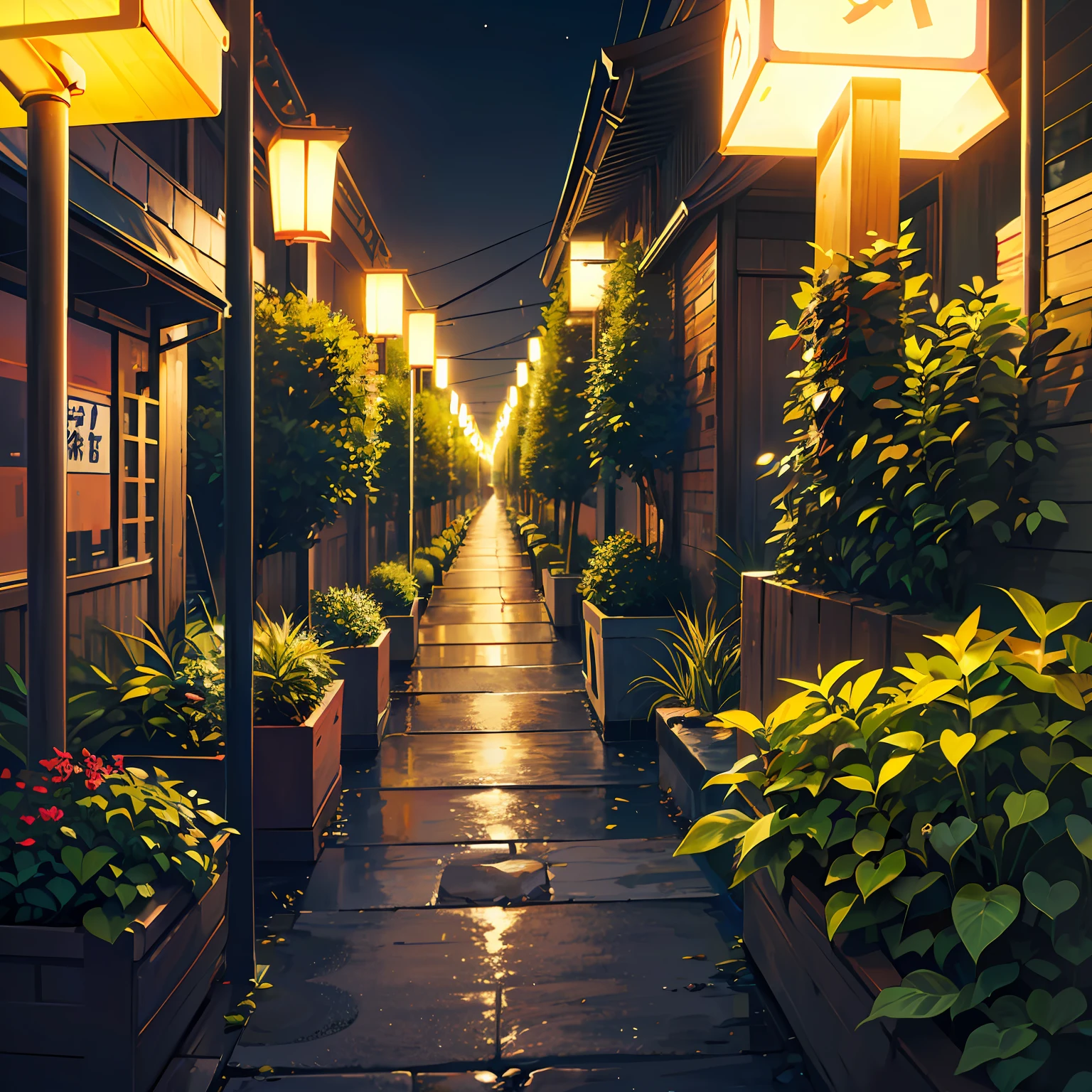 (Masterpiece, best quality: 1.4), night ligthning, dark, japanese crossing sign, railroad crossing, japanese streets, trees, greens, ((night scene: 1.5)), (night light: 1.3), plants, narrow road, ((street lamp: 1.2)) --auto