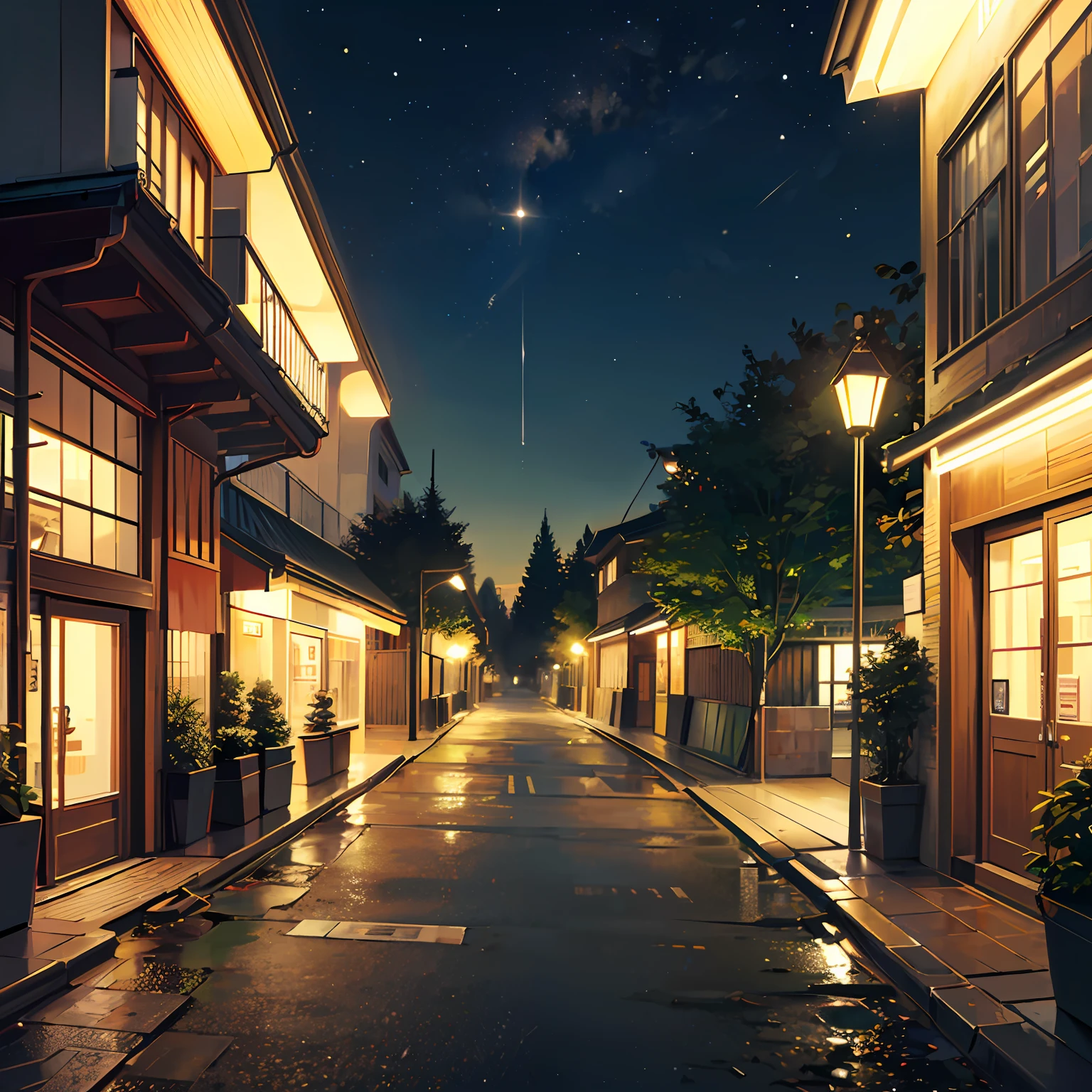 (Masterpiece, best quality: 1.4), night ligthning, dark, japanese crossing sign, railroad crossing, japanese streets, trees, greens, ((night scene: 1.5)), (night light: 1.3), plants, narrow road, ((street lamp: 1.2)) --auto