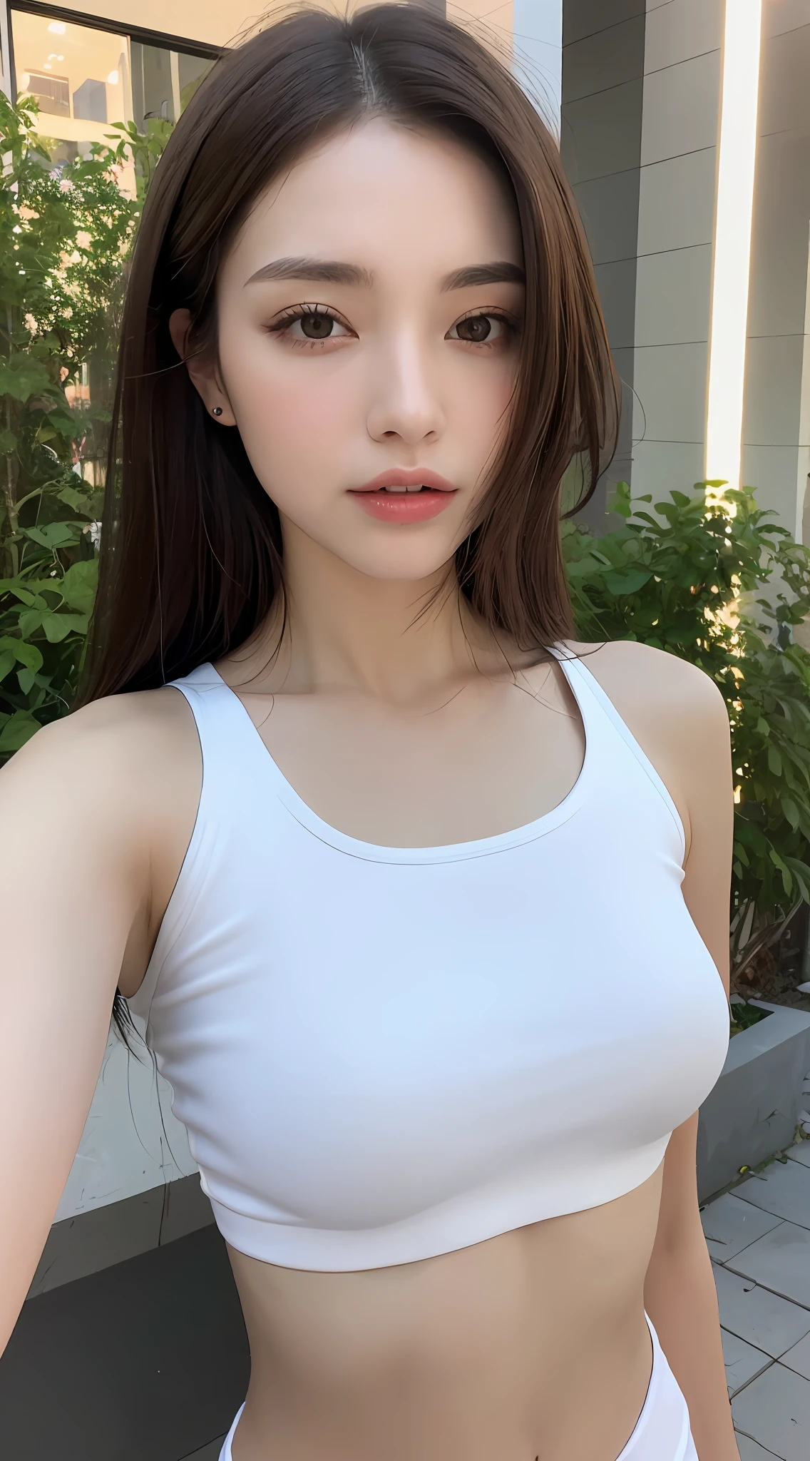 ((Realistic lighting, Best quality, 8K, Masterpiece: 1.3)), Clear focus: 1.2, 1girl, Perfect beauty: 1.4, Slim abs: 1.1, ((Dark brown hair)), (White crop top: 1.4), (Outdoor, Night: 1.1), Park view, Super fine face, Fine eyes, Double eyelids,