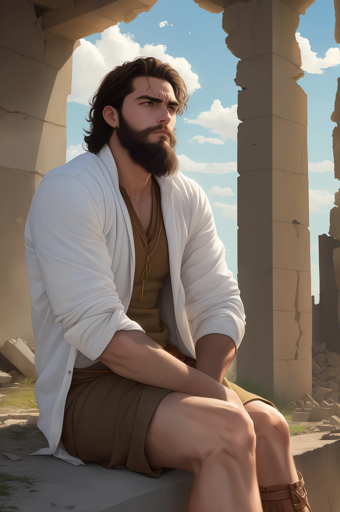 (((YoungMan of both legs)))), sad, frustrated young man, sitting looking up at the sky, in a ruin of biblical times, (((dressed in clothes of biblical times)))), medium beard, dressed in white