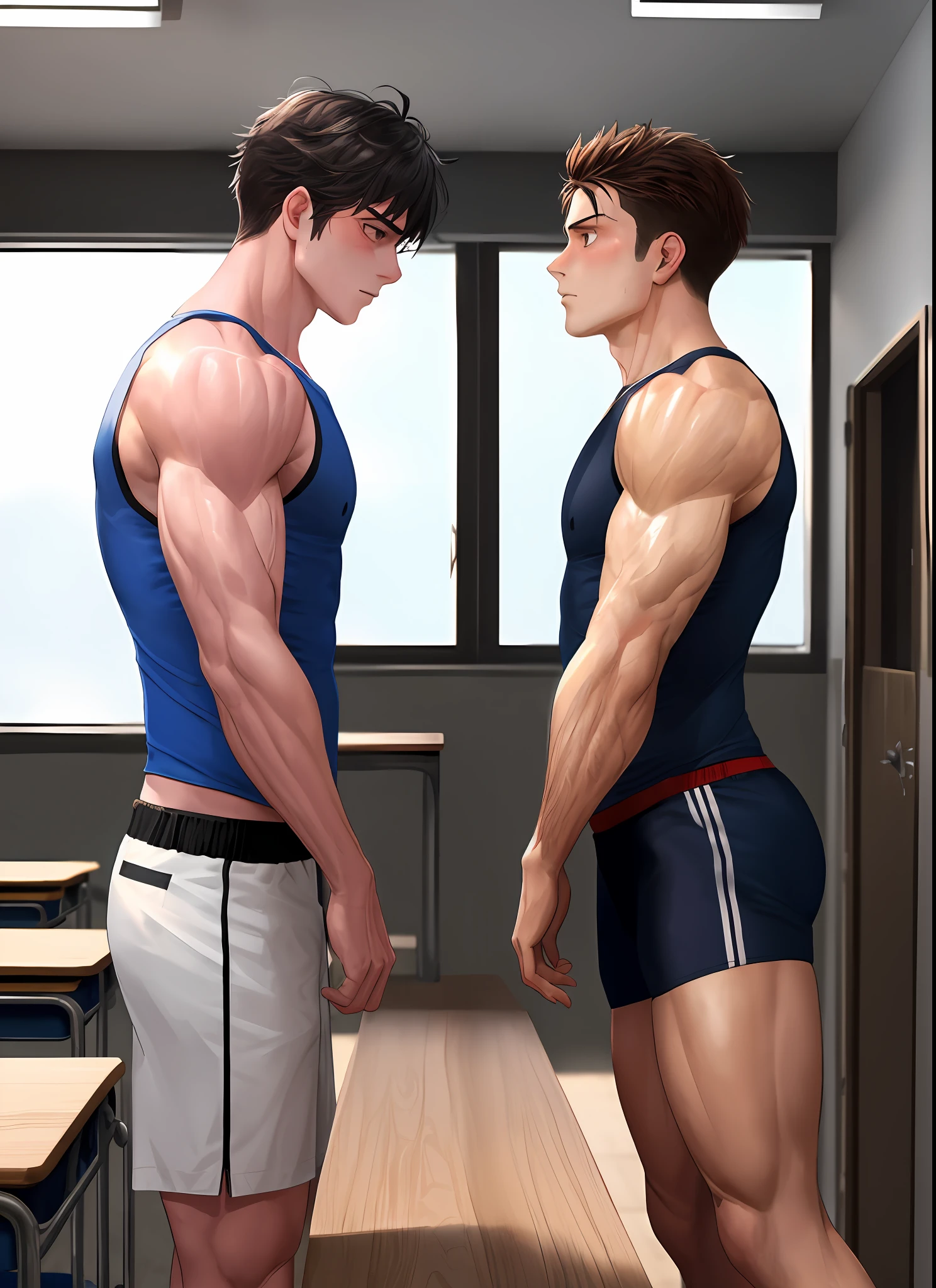 2guys, muscle, talking, indoors, (masterpiece, best quality, absurd), school, classroom, sportswear, looking at each other, light blush,