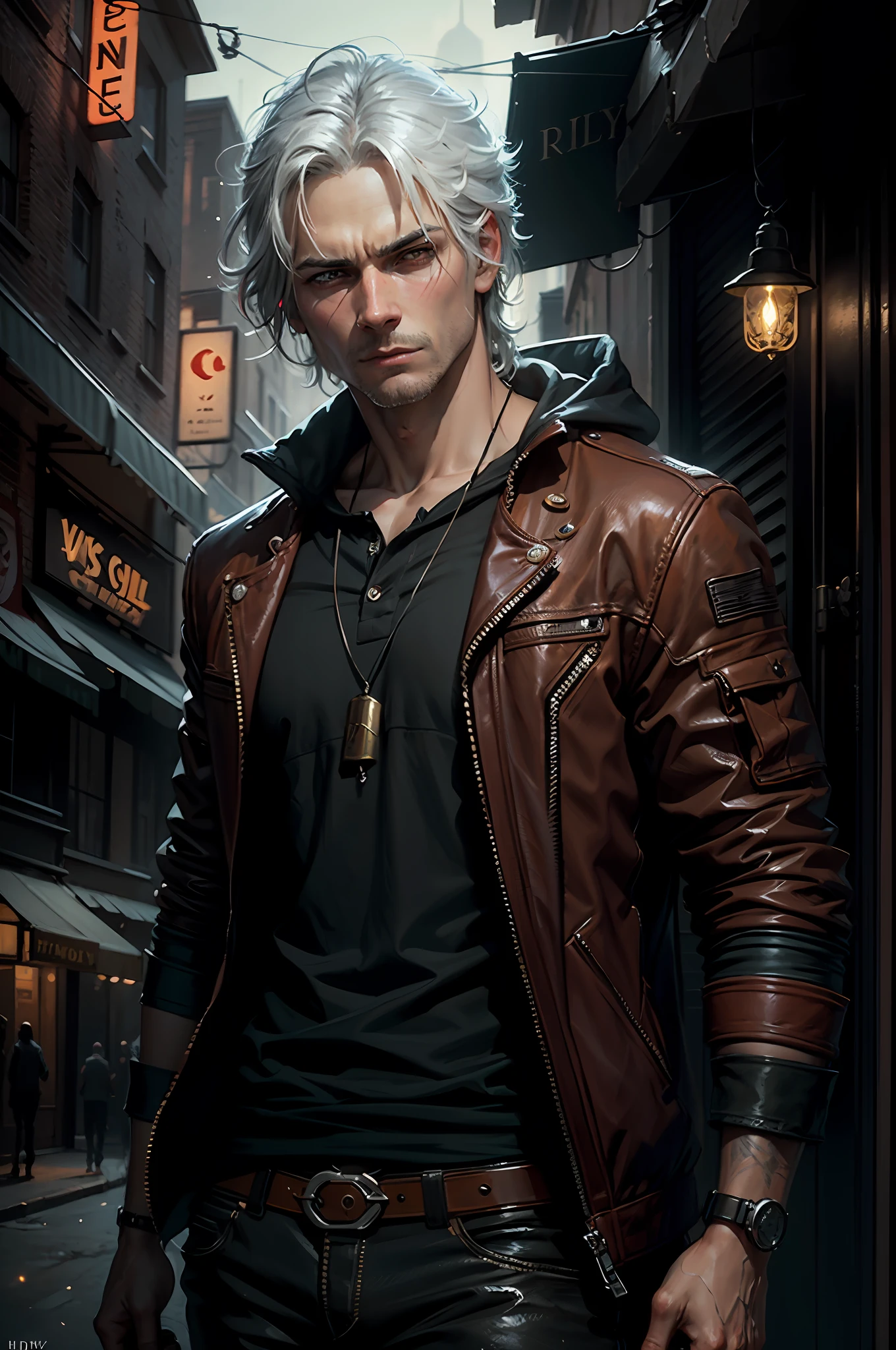 realistic, masculine, (color), post-production, intricate, (radiosity), dark red eyes, white hair (highest quality), neon city background, dark, dark, A close-up of a certain vicissitude of a man with a deep expression, deep eyes, serious, fireflies, oil painting style, digital art oil painting, Steve Henderson style, digital expressive oil painting,  inspired by Richard Schmid, stunning digital painting, oil painting style, digital oil painting, Henry Asensio, WLOP painting style, Pinault Dyney style, Pinault Dyney style