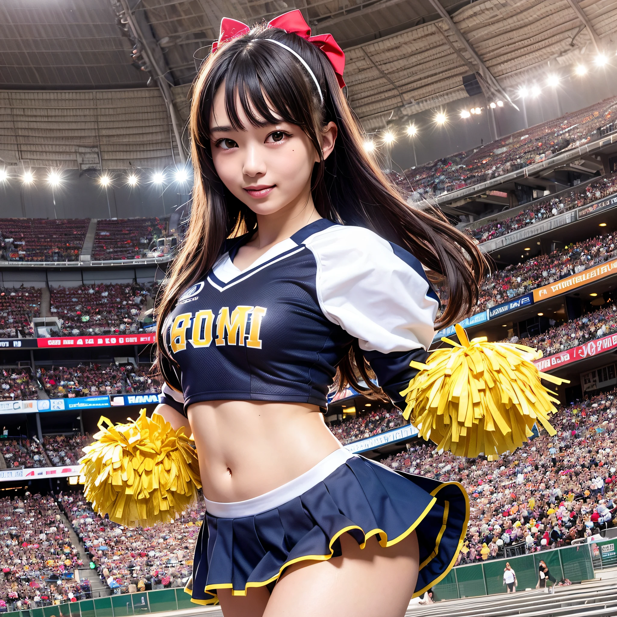 Two Ara-Fed Asian Cheerleaders in Dynamic Pose with Large Pom-Poms in Both Hands in Stadium, Close Up, Cosplay Photos, Anime Cosplay, Small Breasts, RAW Photos, Best Quality, High Resolution, (Masterpiece), (Photorealistic:1.4), Professional Photography, Sharp Focus, HDR, 8K Resolution, Complex Details, Depth of Field, Highly detailed CG Unity 8k wallpaper, front light, NSFW, women, girl, beautiful supermodel, smile, slender, small cheer uniform, yellow, marie rose, sailor suit, highly detailed face and skin texture, wearing jacket