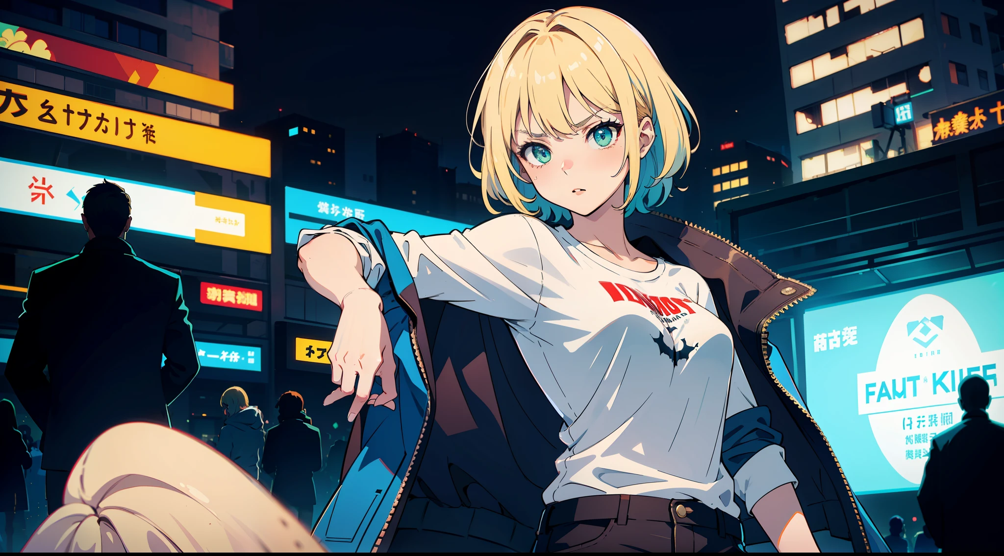 (masterpiece, best quality), ((1girl, (mature)), ((hair fulfilled)) (confident look) (serious gauze) (blonde hair, hair fulfilled, blue hair with blue stirrings), (green eyes, beautiful eyes, sharp eyes )), (simpler background, dark background, city background), (highres, Chromatic aberration), cyberpunk jacket, cyberpunk outfit, small breasts, (big hair), Serious and confident look, ((sexy look)) (sensual, sexy), white shirt emblazoned under jacket,  city with Japanese signs