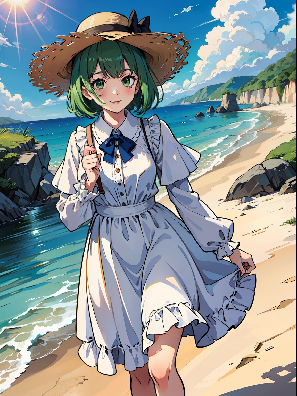 Smiling cat girl (short green bobbed hair, green eyes) holding white wide-brimmed hat in her hands, white dress, walking on the beach, blue sky, white big clouds, sunshine