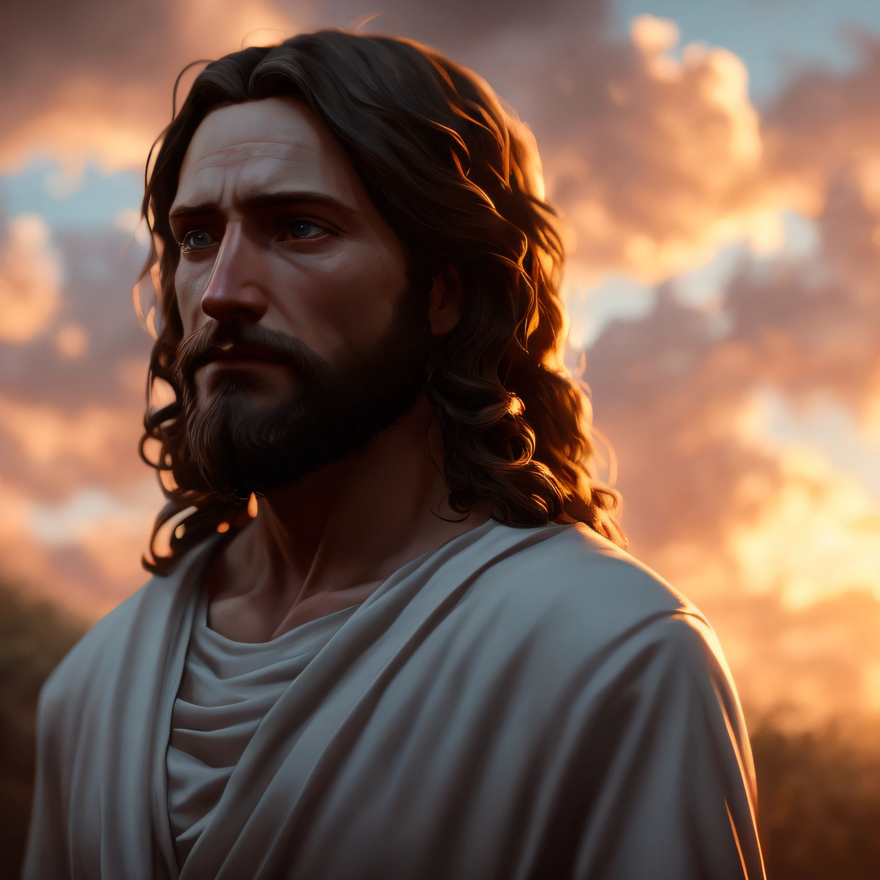 Concept art of Jesus Christ with white clothes in the clouds towards the gates of heaven, full body photo, wide photo, insanely realistic with with soft sunset lighting, with detailed skin with face muscles and skin with pores, 20 megapixels, Canon EOS R3, depth of field, soft lighting, masterpiece, best quality,  intricate, tone mapped, highly detailed, artstation, smooth, sharp focus, dramatic lighting, highly detailed art, cinematic, hyper realistic painting, trend in Artstation, 8K, amazing shadows, realistic, (highly detailed background: 1.0),