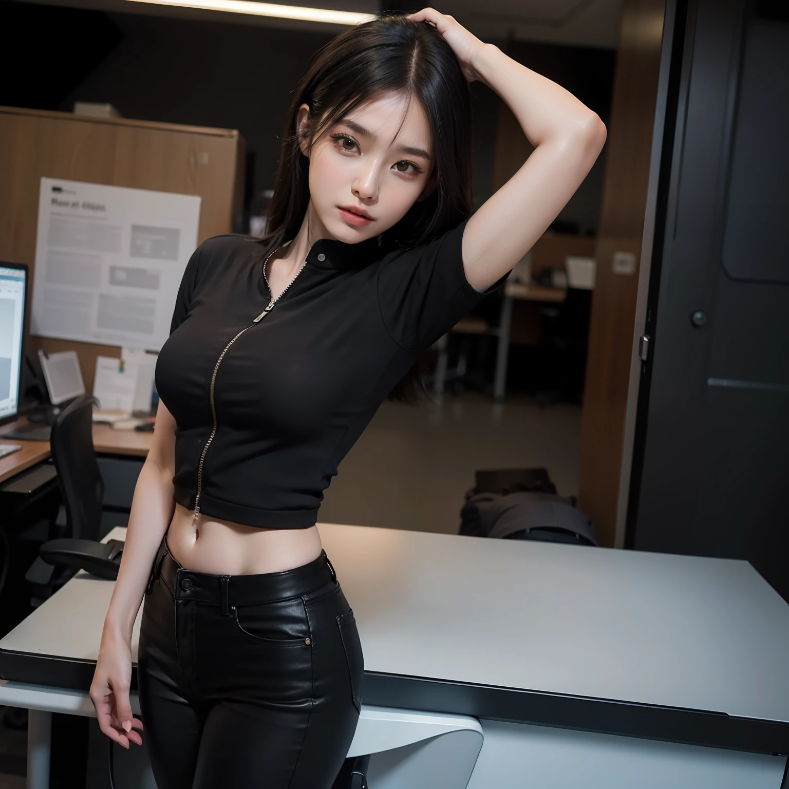 Top Quality, 8k, Masterpiece: 1.3, Full Body, Long Legs, Sharp Focus: 1.2, Pretty Women: 1.4, Slender, Black Hair, Day View, Very Detailed Face and Skin Texture, Detailed Eyes, Double Eyelids, Office Workers, Coat, Office District, Black Pants, Real, Model