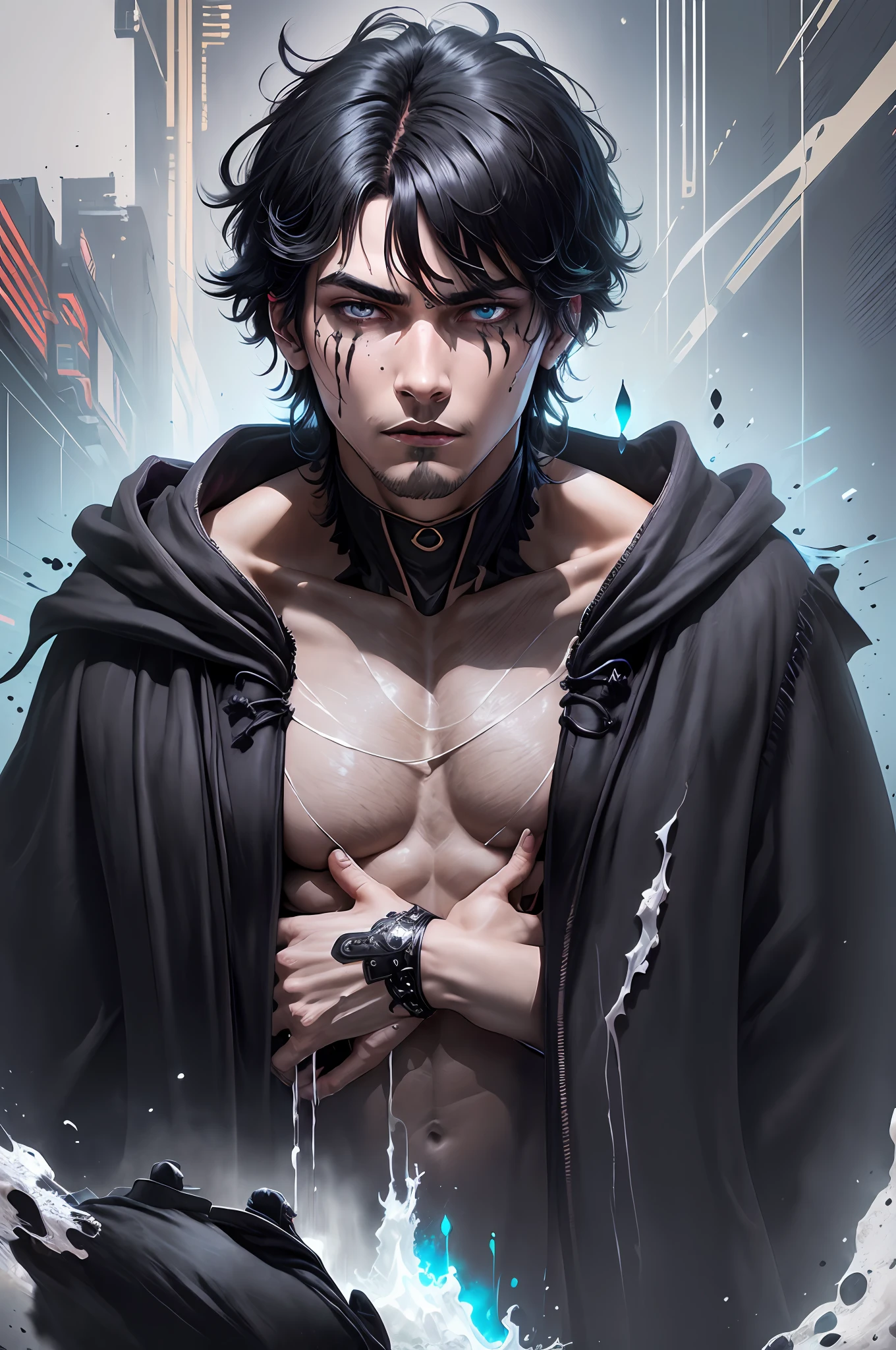 Male cyberpunk, fantasy world, dark background, clean design, epic instagram, artstation, colorful ink splash, silhouette, hyper detailed intricate details, unreal engine, fantasy, intricate details, home screen, complementary colors, fantasy concept art, 8k resolution, deviantart masterpiece, oil painting, heavy strokes, ink drip, (isolated on white background: 1.3), rainbow skin, (((cute young man))), ((teen: 1.5) ), (bright blue eyes), (((light eyes)), (((((medium black hair: 1.1))), (((black clothes)), (prince\\(indifferent expression\\),( (((Wear luxurious black robe of high detail)))), black hair, (chest) --auto --v 6
