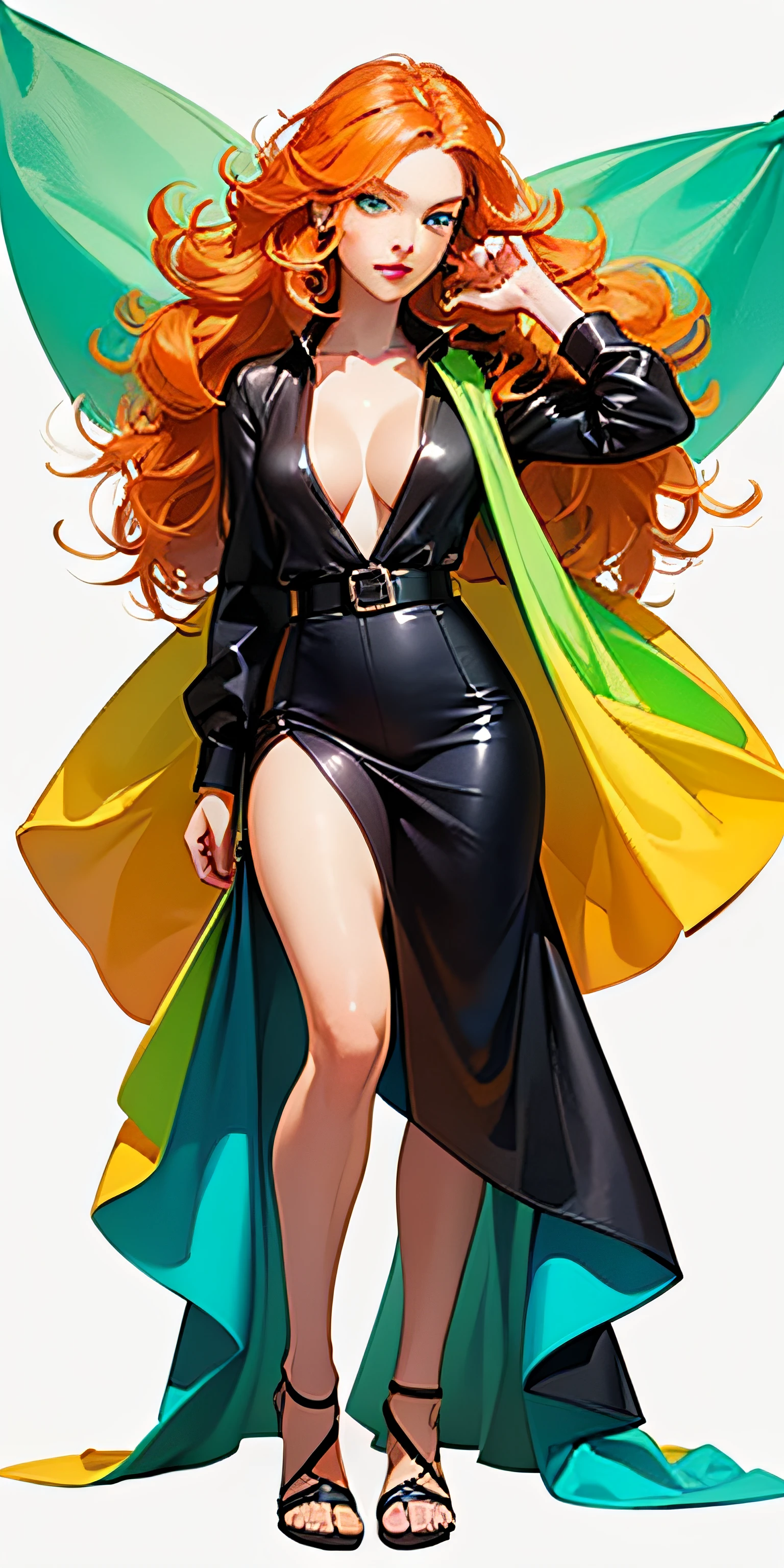 dynamic pose, 1woman, ((one green eye and one blue eye)), long hair, casual clothes, cleavage, expresive, sharp focus, cute symmetrical eyes, medium breasts, curly hair, ((white to orange hair)), ((masterpiece)), ((best quality)), ((highly detailed)), (((full body shot))), realistic proportion, realistic, (((white background))), (colorful:1.4), skinny, --auto