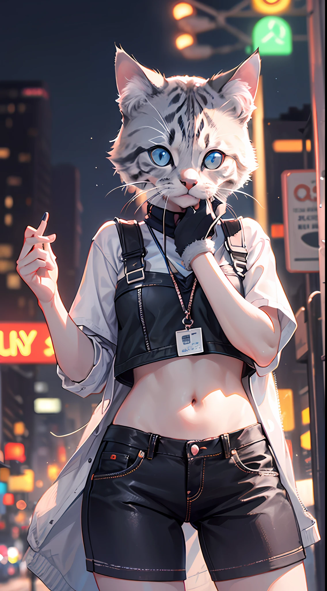 (best quality) a short and (ultra-detailed) blue-gray kitten with (cool twinkling) eyes stands confidently in front of a (blurry city) backdrop of neon lights and high-rise buildings in the distance. The contrast of the (fashionable) kitten against the heavily urban scene emphasizes the (arrogance).
