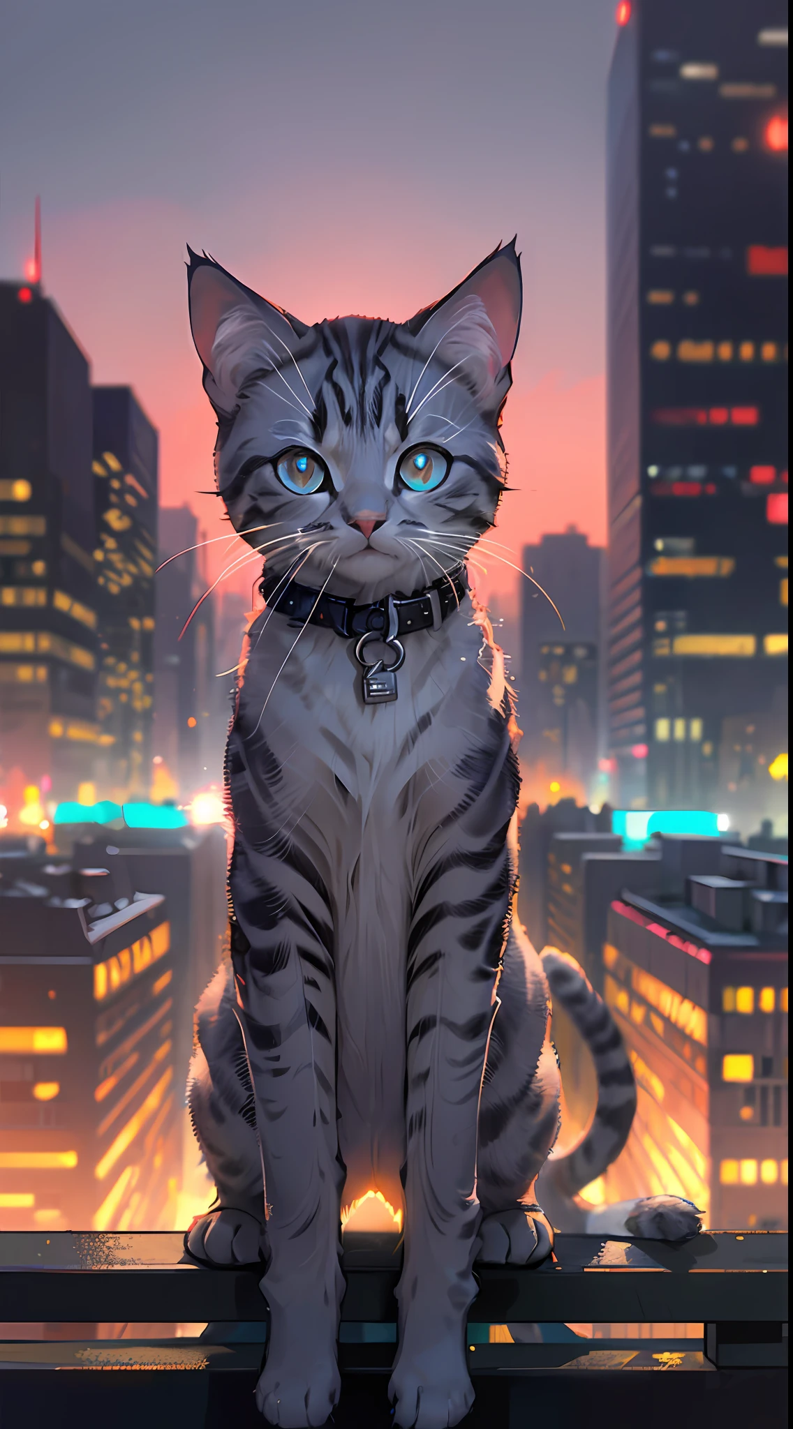 (best quality) a short and (ultra-detailed) blue-gray kitten with (cool twinkling) eyes stands confidently in front of a (blurry city) backdrop of neon lights and high-rise buildings in the distance. The contrast of the (fashionable) kitten against the heavily urban scene emphasizes the (arrogance).