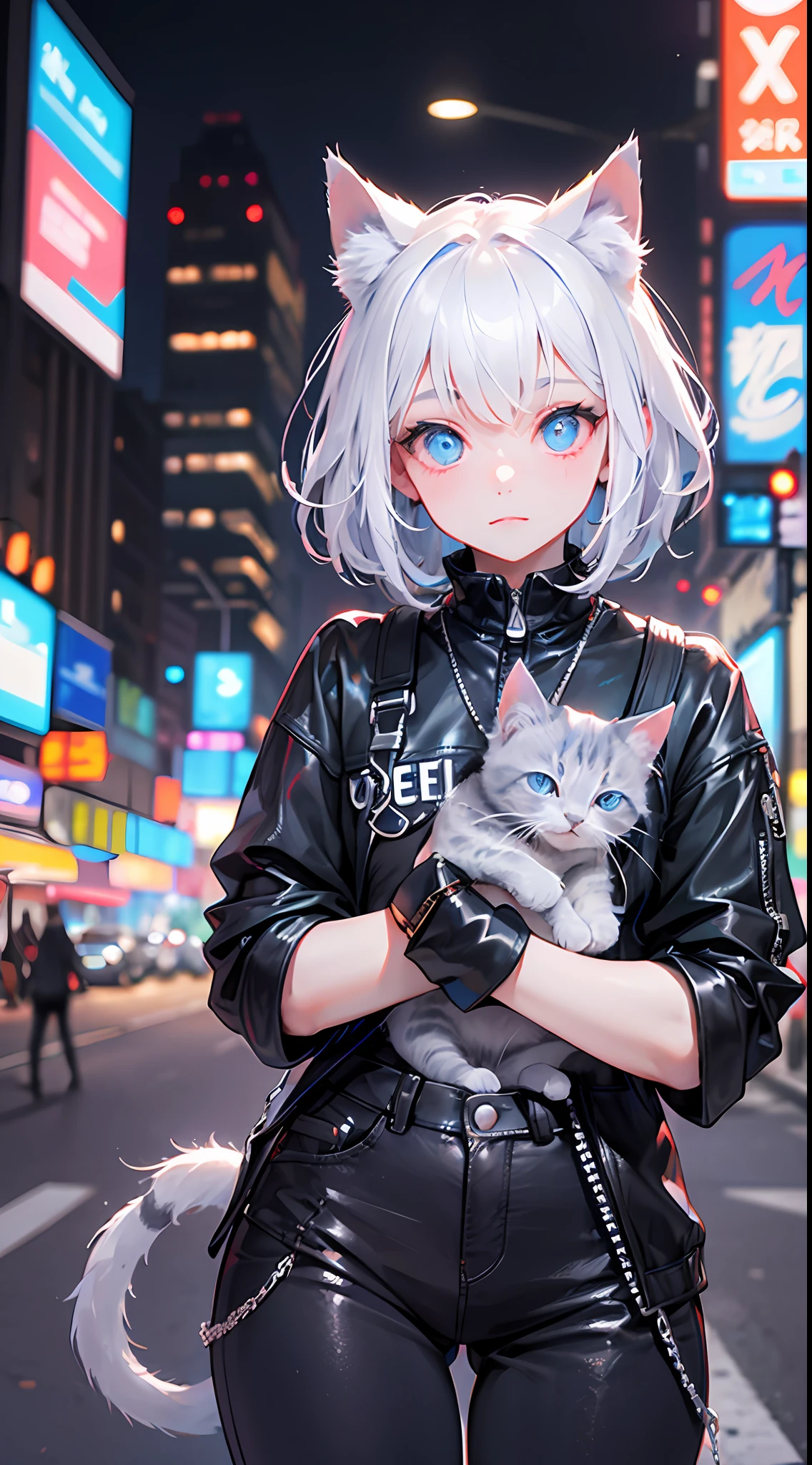 (best quality) a short and (ultra-detailed) blue-gray kitten with (cool twinkling) eyes stands confidently in front of a (blurry city) backdrop of neon lights and high-rise buildings in the distance. The contrast of the (fashionable) kitten against the heavily urban scene emphasizes the (arrogance).