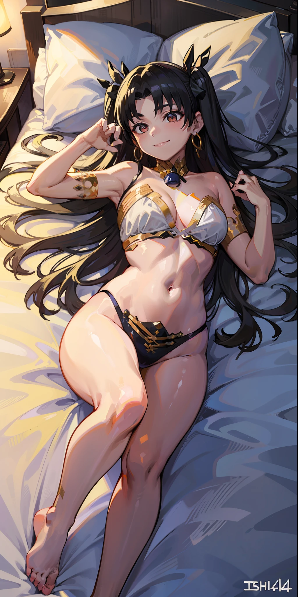 No bra, sexy lingerie, no bra, ishtar, fate, day hotel room, lying in bed, sensual smile, 4k, best quality, masterpiece, beautiful body, sensual, whole body.
