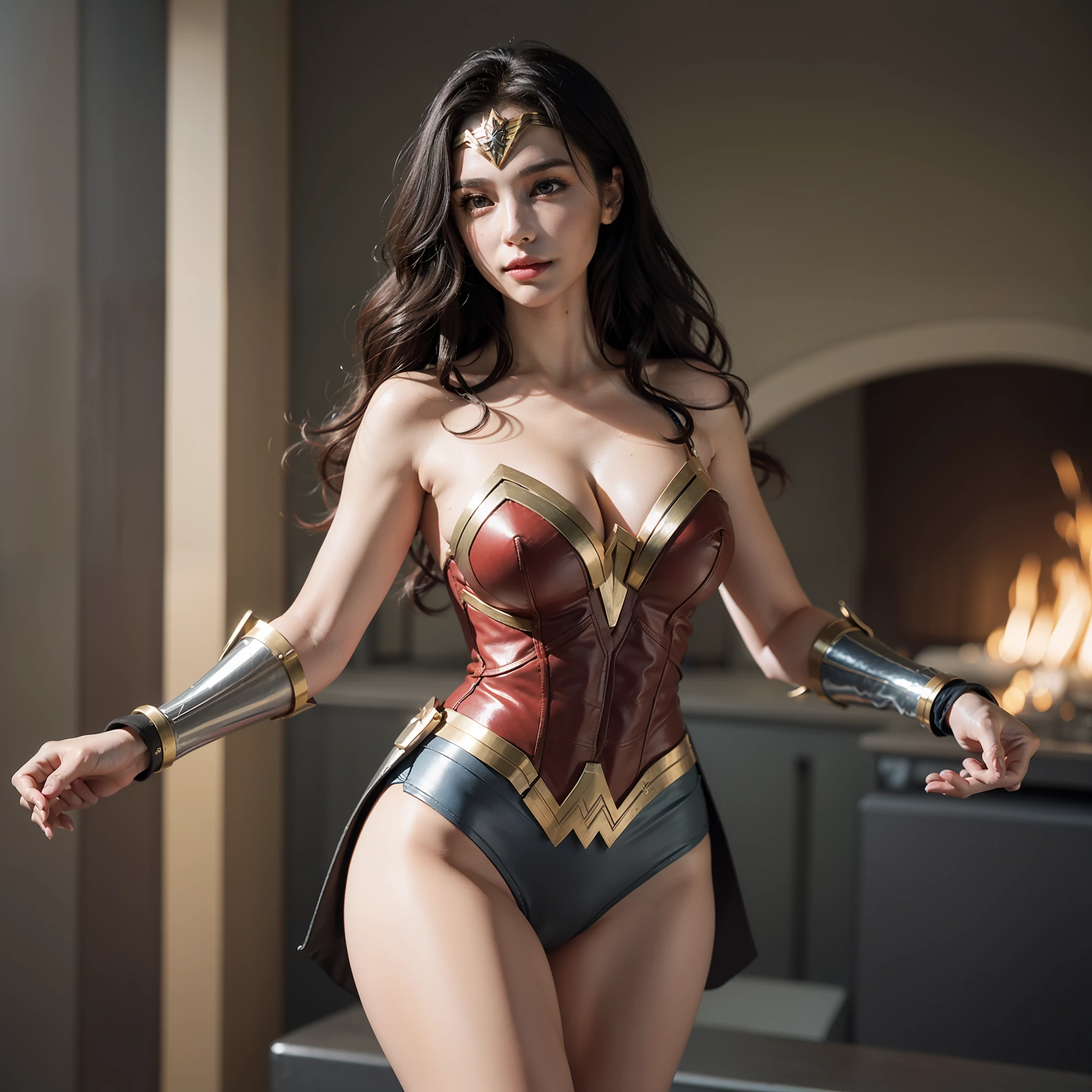 Middle East girl, glgadot, gal gadot, big breast, big boobs, round boobs, gigantic boobs, busty, voluptuous body, long legs, best body proportion, show cleavage, major cleavage, show major cleavage, show legs, show major legs, show full legs, cosplay wonder woman, mini wonder woman costune, string wonder woman costume, no underwear, no undies, no under garments,, naked, full body shot, haze effect, golden light, ancient Greek background, burning war background, , ember spark, , black hair, long hair, makeup, focused expression, slightly smile, Hyperrealism, cinematic lighting, depth of field, ray tracing, reflection light, backlighting, bokeh, f/1.2, 135mm, Canon, UHD, masterpiece, anatomically correct, super detail, high details, high quality, award winning, best quality, highres, 8k