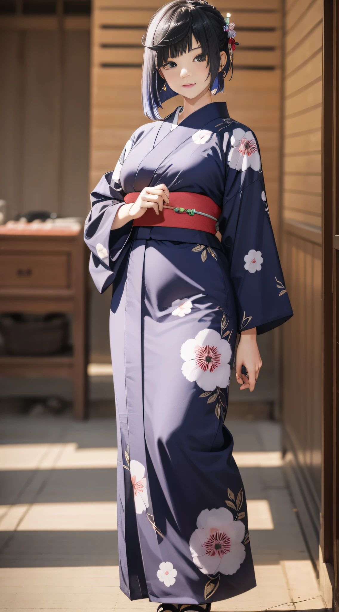 Slender beauty in yukata, bangs, full body