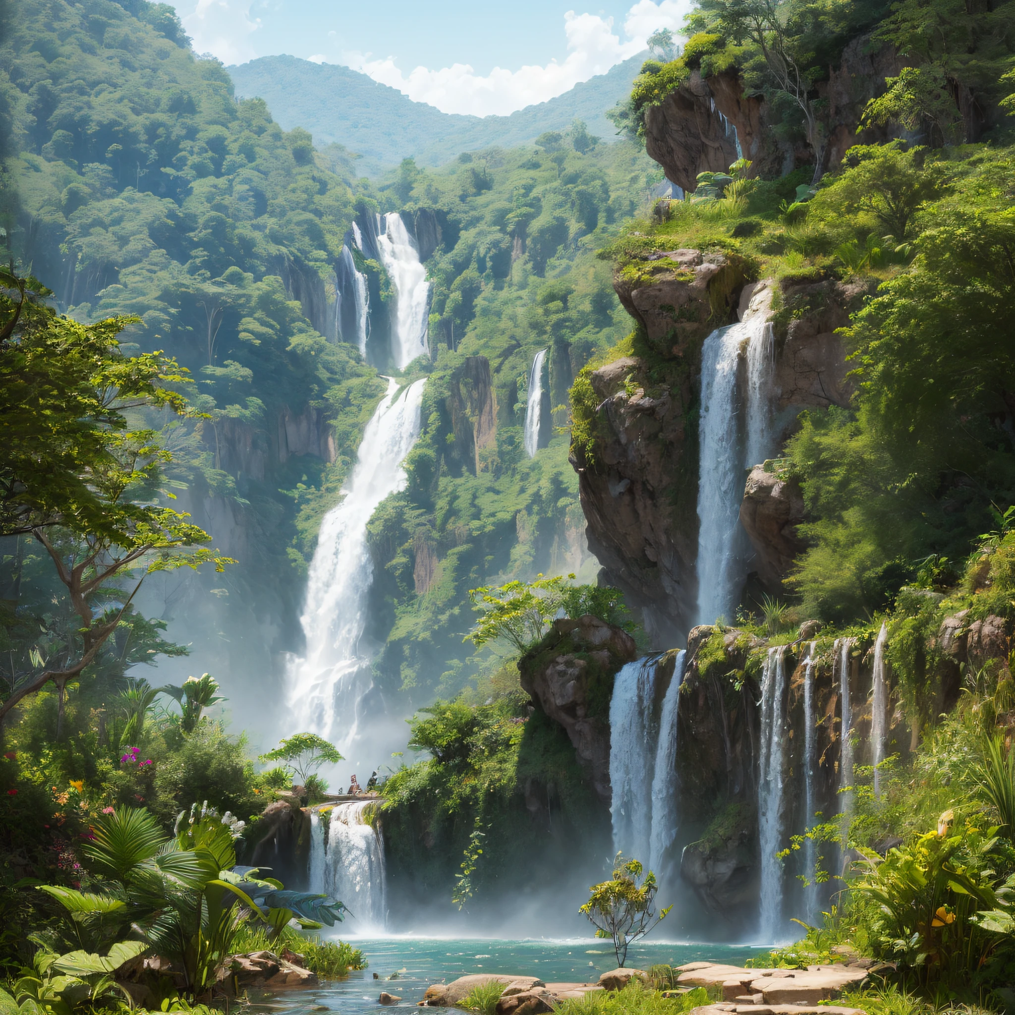 High waterfall in a jungle. Highly detailed. digital painting, artstation, concept art, soft focus, sharp, illustration