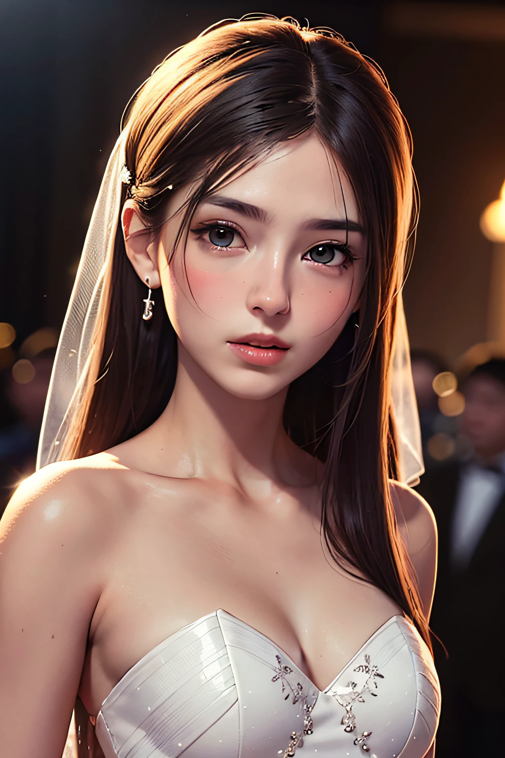 arurinh, ((blush)) ((embarrassed)), upper body, absurdity, long straight fine hair, dynamic pose, modelshoot:photoshoot, HD, high contrast, sharp image, masterpiece, closed mouth, balanced Appearance, CG Rendering, Small Skull, Detailed Clavicle, (Best Quality Detail: 1.2), Realistic, 8K Ultra Detailed, High Quality Textures, Detailed Textures, Detailed Detailed, High Detailed, Very Detailed cg, high quality shadows, beautiful face, detailed beautiful delicate eyes, depth of field, beautiful woman, small , tall, blurred background, black scruffy wedding dress,