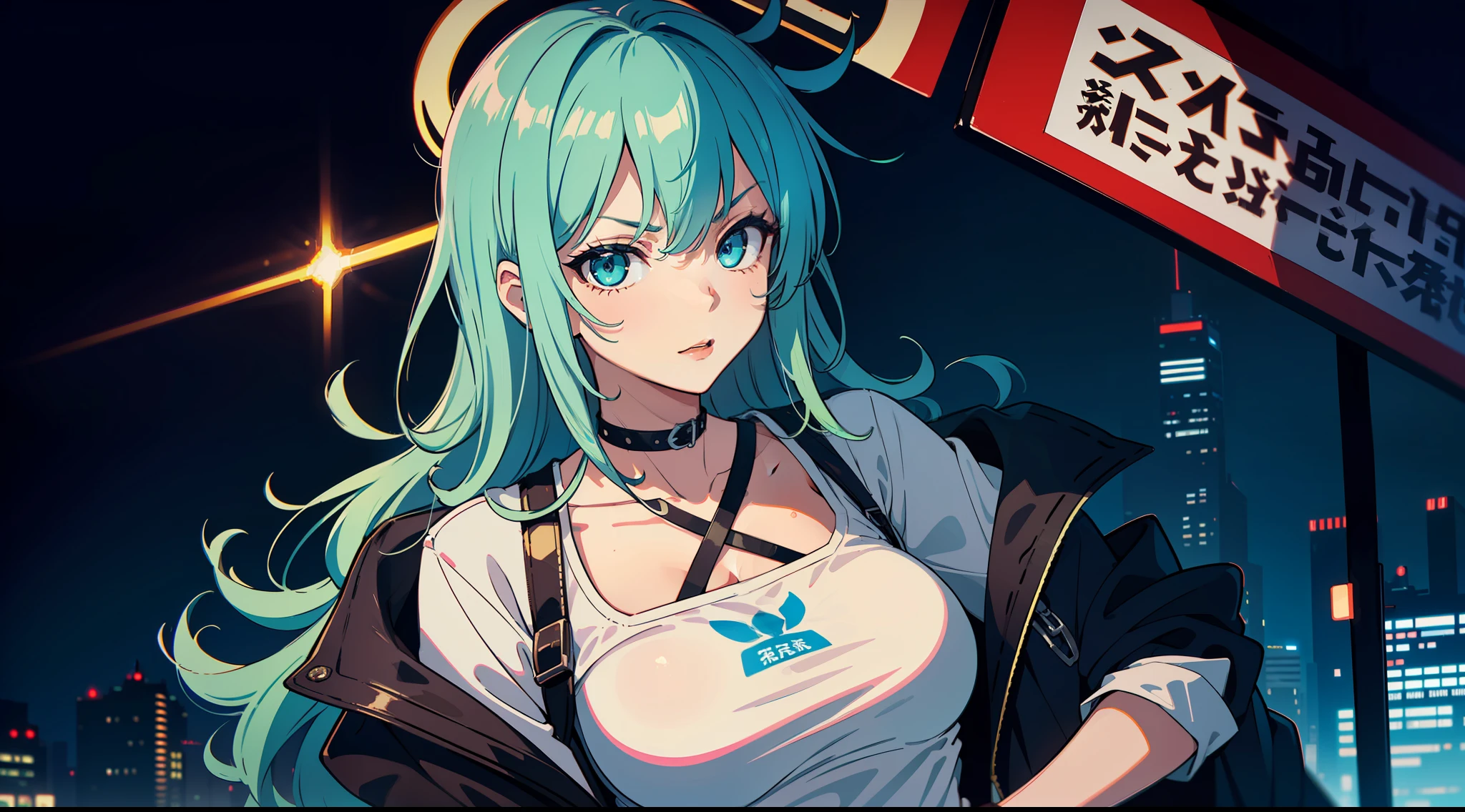 (masterpiece, best quality), ((1girl, (mature)), ((hair fulfilled)) (confident look) (serious gauze) (blonde hair, hair fulfilled, blue hair with blue stirrings), (green eyes, beautiful eyes, sharp eyes )), (simpler background, dark background, city background), (highres, Chromatic aberration), cyberpunk jacket, cyberpunk outfit, small breasts, (big hair), Serious and confident look, ((sexy look)) (sensual, sexy), white shirt emblazoned under jacket, city with Japanese signs