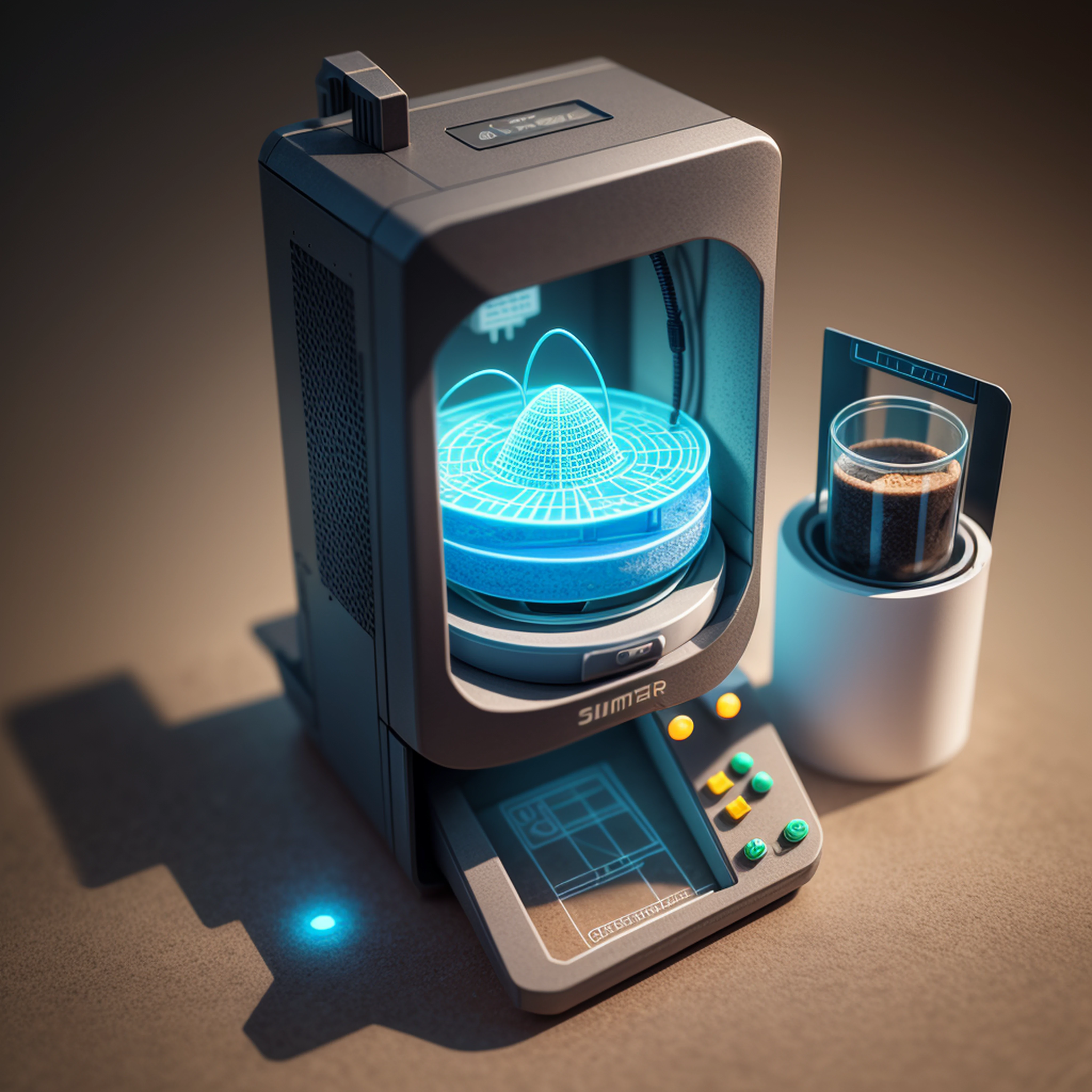 "Small and cute isometric small world 3D printer, soft light, 3D icon clay rendering, blender 3D, futuristic theme, physical photo rendering, printer machine, futuristic theme."