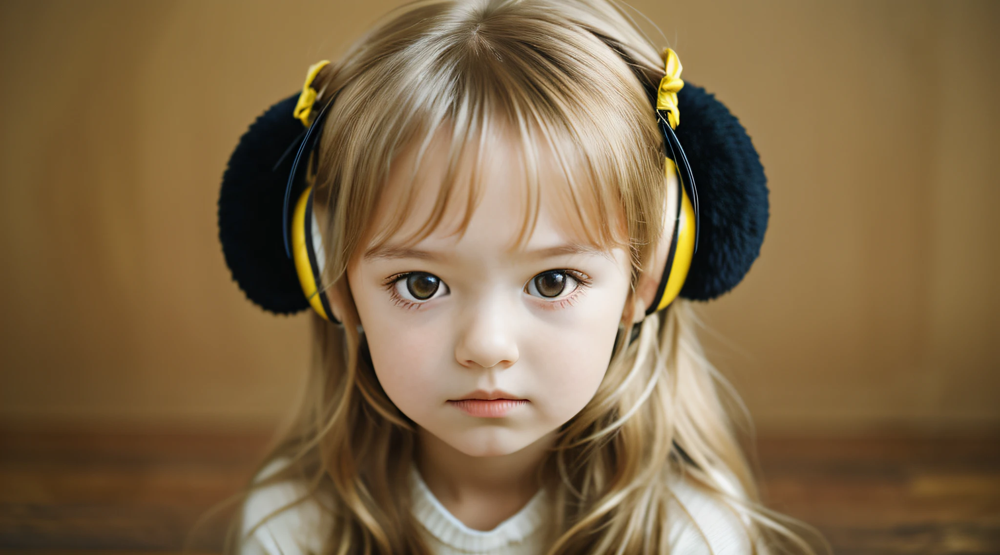 CHILD girl with long BLONDE hair wearing a YELLOW sweater and muffled black ears.