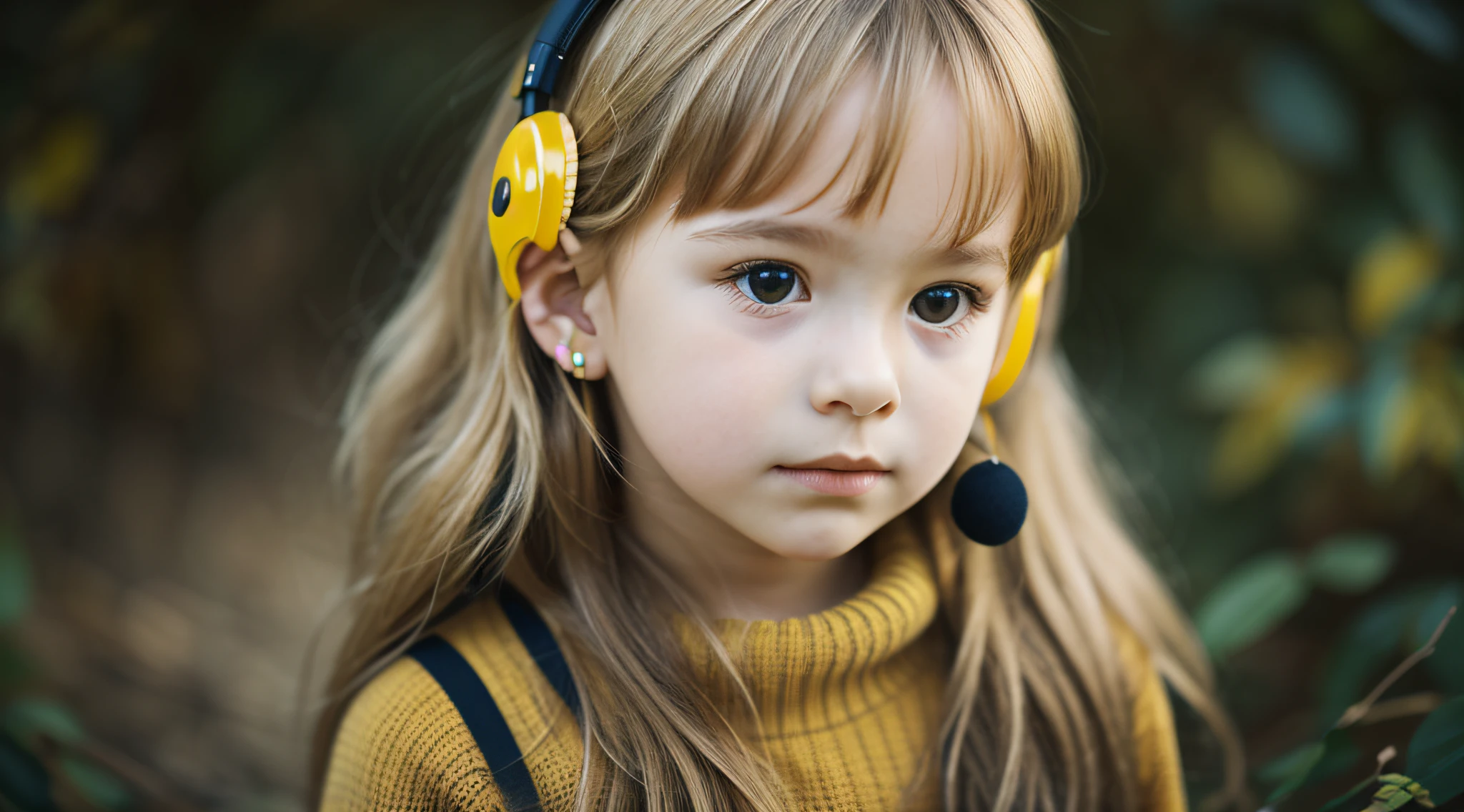 CHILD girl with long BLONDE hair wearing a YELLOW sweater and muffled black ears.