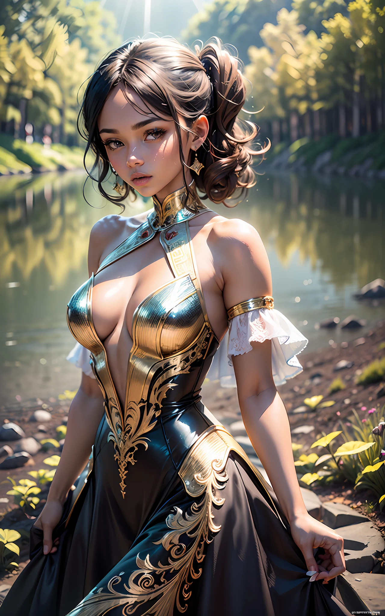 award winning 64k concept art of (black young woman:1.2) in majestic open dress on the grass near the lake, sweet, posing, epic, god rays, centered, upper body, (masterpiece:1.2), (best quality:1.3), Amazing, highly detailed, beautiful, finely detailed, warm soft color grading, Depth of field, extremely detailed 64k, fine art, stunning, iridescent, (shiny:1.3), (light reflections:1.3), (crisp:1.6), silver curls, spring, vibrant, sunlit, (edge detection:1.4), absurdres, impressive, 120mm, glittering, extremely clear