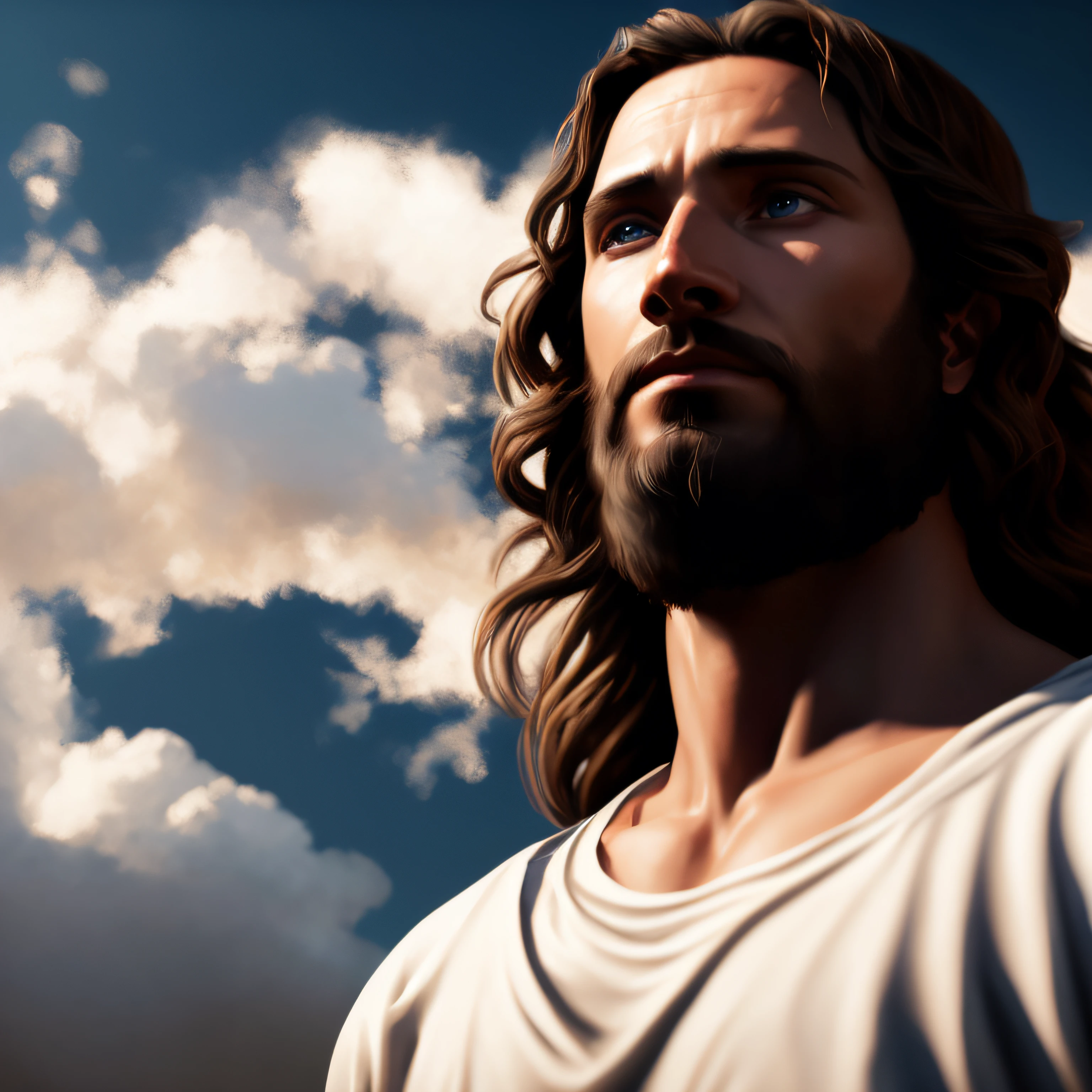 Concept art of Jesus Christ with white clothes in the clouds towards the gates of heaven, full body photo, wide photo, insanely realistic with with soft sunset lighting, with detailed skin with face muscles and skin with pores, 20 megapixels, Canon EOS R3, depth of field, soft lighting, masterpiece, best quality,  intricate, tone mapped, highly detailed, artstation, smooth, sharp focus, dramatic lighting, highly detailed art, cinematic, hyper realistic painting, trend in Artstation, 8K, amazing shadows, realistic, (highly detailed background: 1.0)