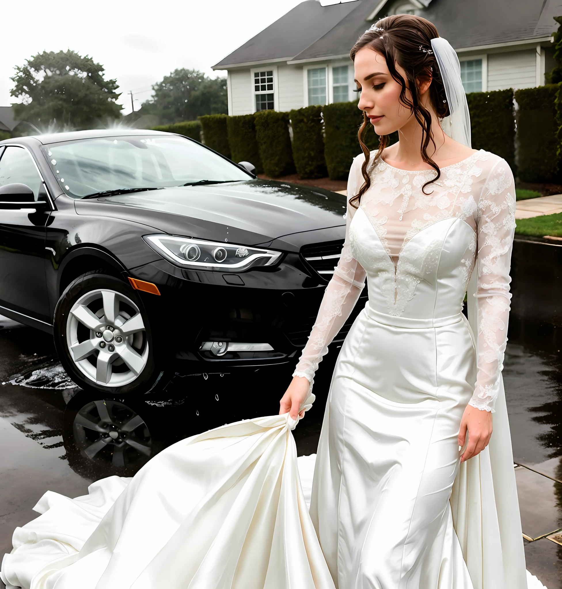 Beautiful bride wearing wedding dress, veil, and long satin gloves washing the car, stunning white ballgown, washing car, scrubbing soapy car, in driveway, wet bride, wet gown, wet hair