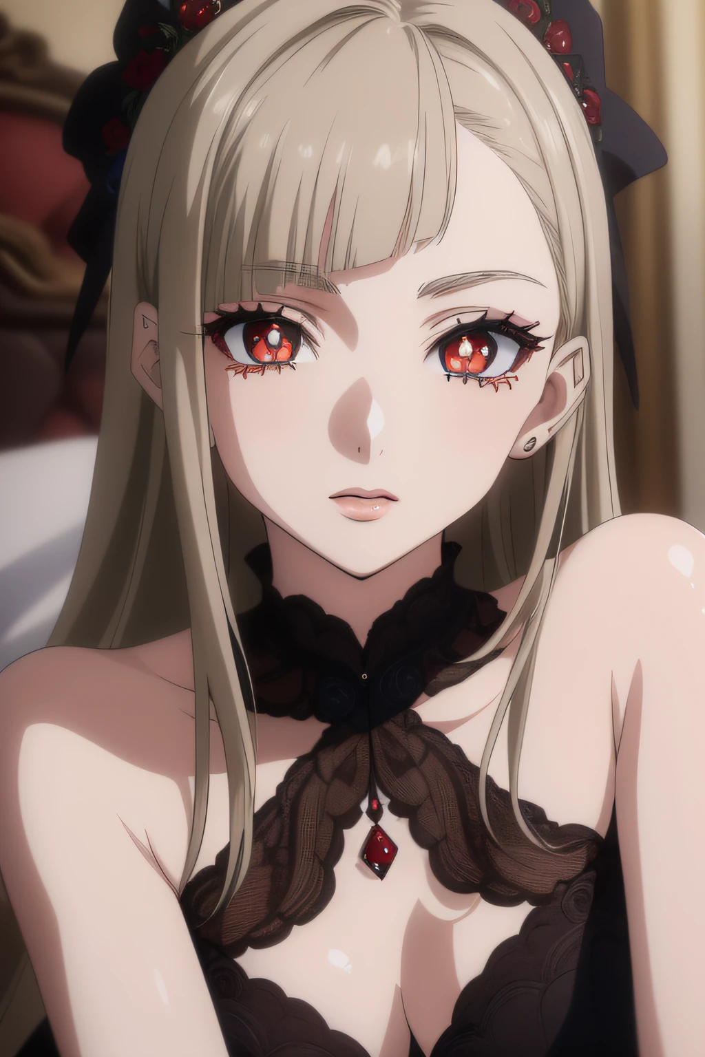 (masterpiece, top quality, best quality, official art, beautiful and aesthetic:1.3), detailed body portrait of sexy vampire Lenore, (stunningly attractive), (red eyes:1.2), seductive, intimate, intricate, High Detail, Sharp focus, dramatic, photorealistic painting, (small breasts:1.0), cleavage, (big eyes:0.6), bedroom eyes, (detailed pupils:1.3), (revealing clothing:0.9), (exposed,