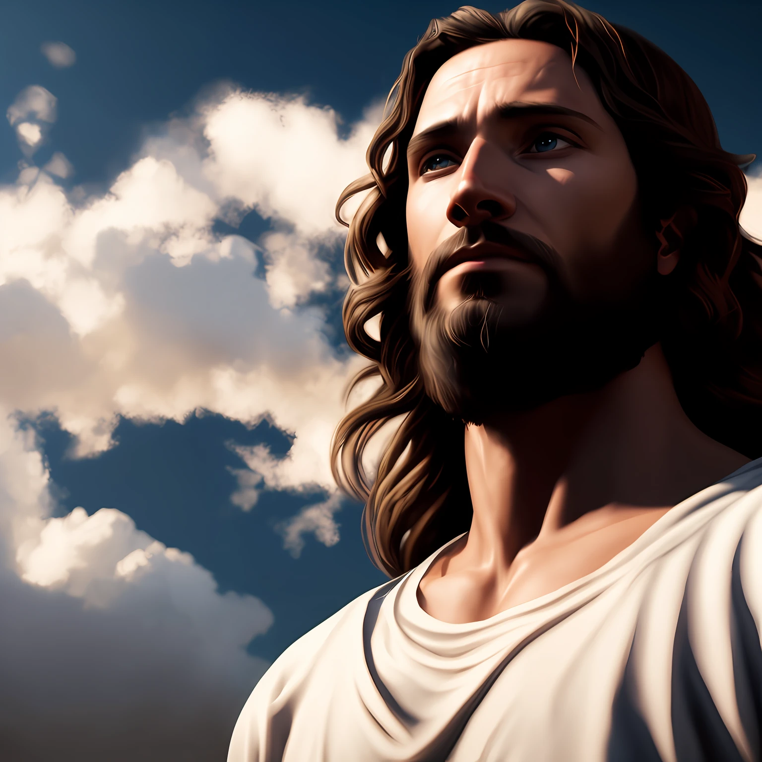 Concept art of Jesus Christ with white clothes in the clouds towards the gates of heaven, full body photo, wide photo, insanely realistic with with soft sunset lighting, with detailed skin with face muscles and skin with pores, 20 megapixels, Canon EOS R3, depth of field, soft lighting, masterpiece, best quality, intricate, tone mapped, highly detailed, artstation, smooth, sharp focus, dramatic lighting, highly detailed art, cinematic, hyper realistic painting, trend in Artstation, 8K, amazing shadows, realistic, (highly detailed background: 1.0)