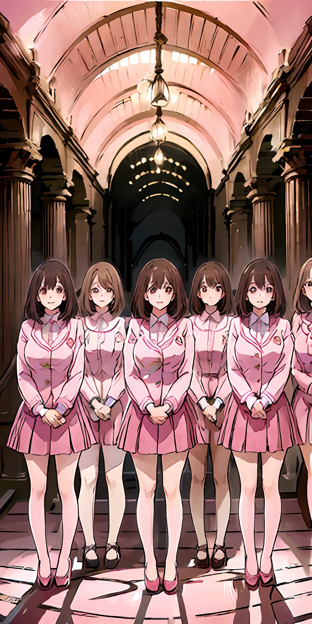 perfect anime illustration, multiple girls, thousands of girls, millions of girls, clones, identical sisters, neat rows of sisters, neat columns of sisters, sisters standing in formation, sisters in background, brown hair, curly hair, matching hairstyle, hazel eyes, smiling, ((matching outfits, pink uniform, pink high heels)), matching hairstyles, white background, highres, full body, pose