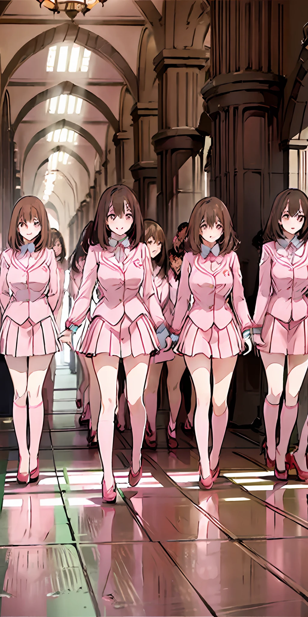 perfect anime illustration, multiple girls, thousands of girls, millions of girls, clones, identical sisters, neat rows of sisters, neat columns of sisters, sisters standing in formation, sisters in background, brown hair, curly hair, matching hairstyle, hazel eyes, smiling, ((matching outfits, pink uniform, pink high heels)), matching hairstyles, white background, highres, full body, pose