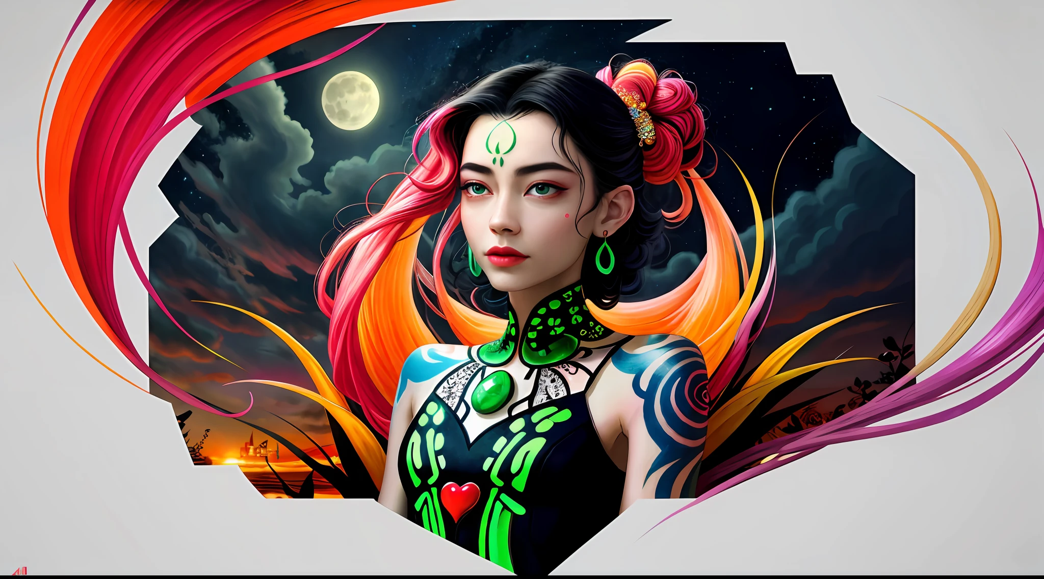 (Masterpiece: 1.2, high quality), (pixels: 1.4), (Song dynasty strokes: 1.4) (wide-angle lens, panorama: 1.2), (panoramic lens: 0.95), (panoramic lens, macro lens: 1.25), dynamic angle, perspective, high point, masterpiece, best quality, 8k, crazy details, complex details, super detail, super high quality, early spring willow leaves, often with rain and hate clouds, face like peach blossom March, implying amorous moon.  The slender waist is curled, the restrained swallow lazy warbler is lazy, the sandalwood mouth is light, and the butterfly chaos that tempts the bees crazy.  Enchanting jade, beautiful jade fragrance, tense shots (the sky glows red, visual impact, gives the poster a dynamic and visually striking look: 1.2), close-up, (analog lens, macro lens: 1.25), colorful colorful transparent smooth stones: 1.5, ultra-realistic and complex, body makeover, glowing tattoos, surreal tattoos, highly realistic and complex, tattoo art, detailed neon tattoos
