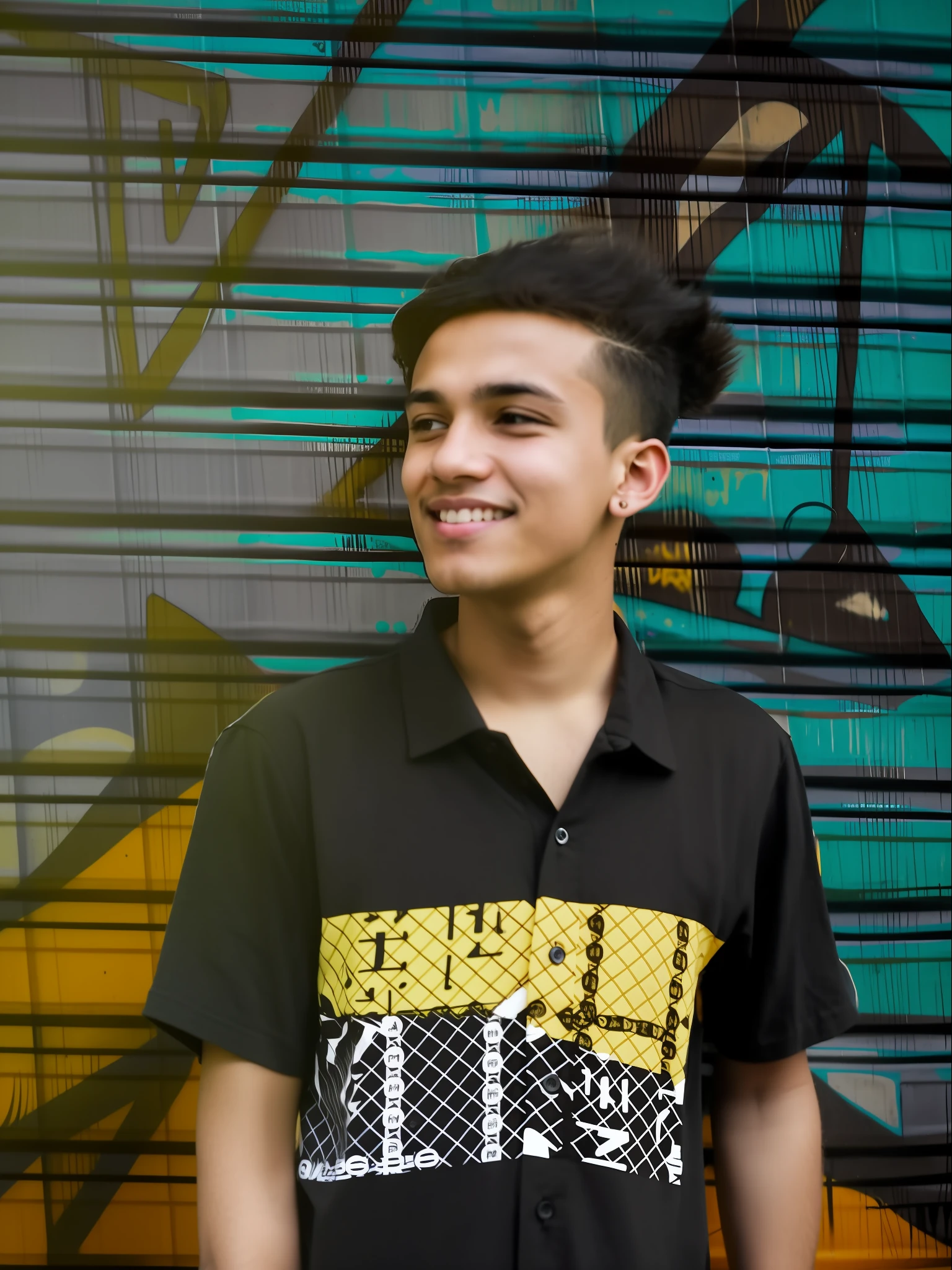 arafed man with a mohawkcut and a black shirt standing in front of a graffiti wall, male teenager, mid shot portrait, profile pic, teenage boy, riyahd cassiem, profile shot, music video, teen boy, portrait of 1 5 - year - old boy, headshot profile picture, black teenage boy, profile picture