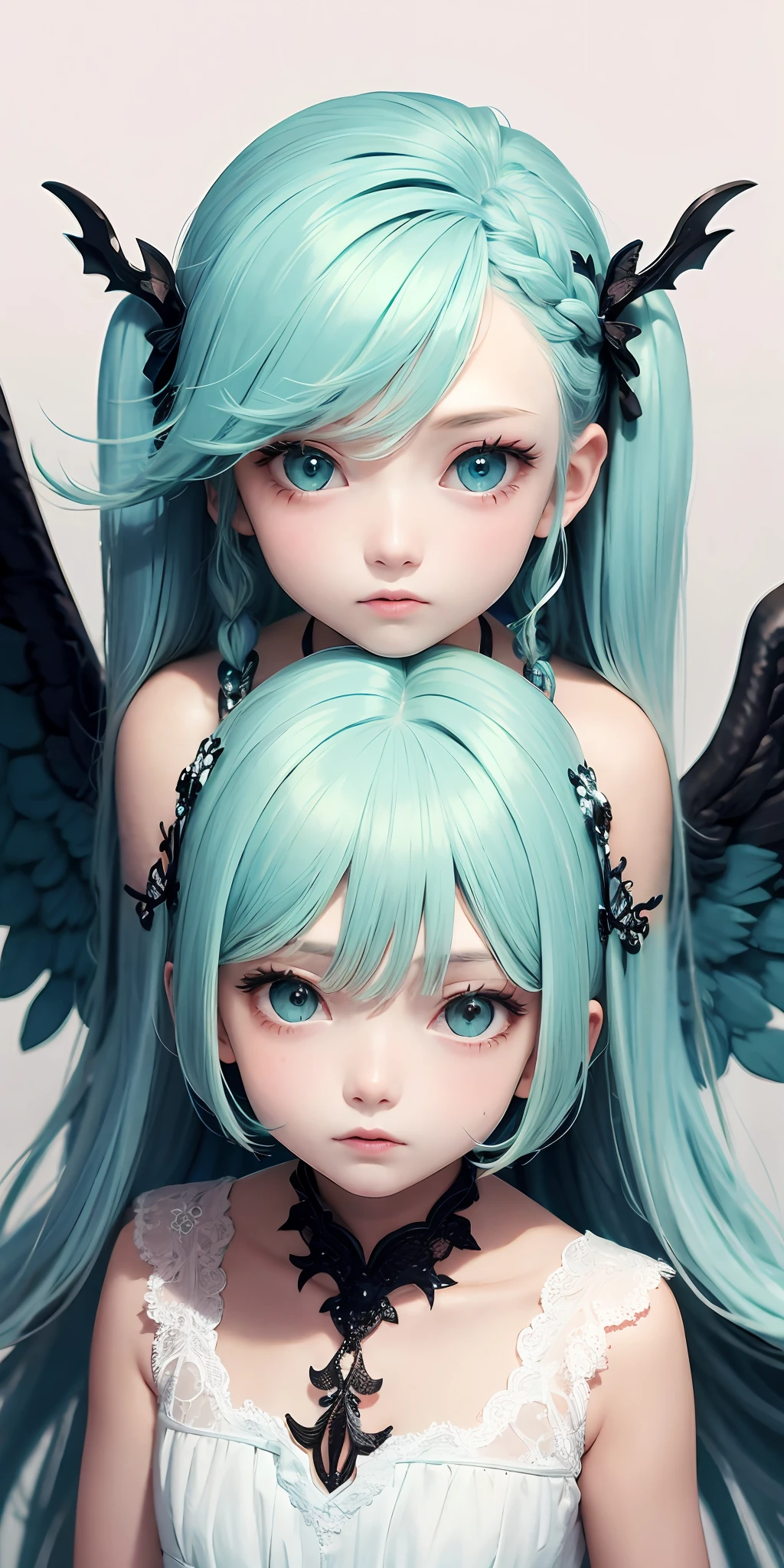 Top quality, masterpiece, mint green hair, blue eyes, white clothes, look up, upper body, hair strands, fair skin, side braids, big, fallen angel