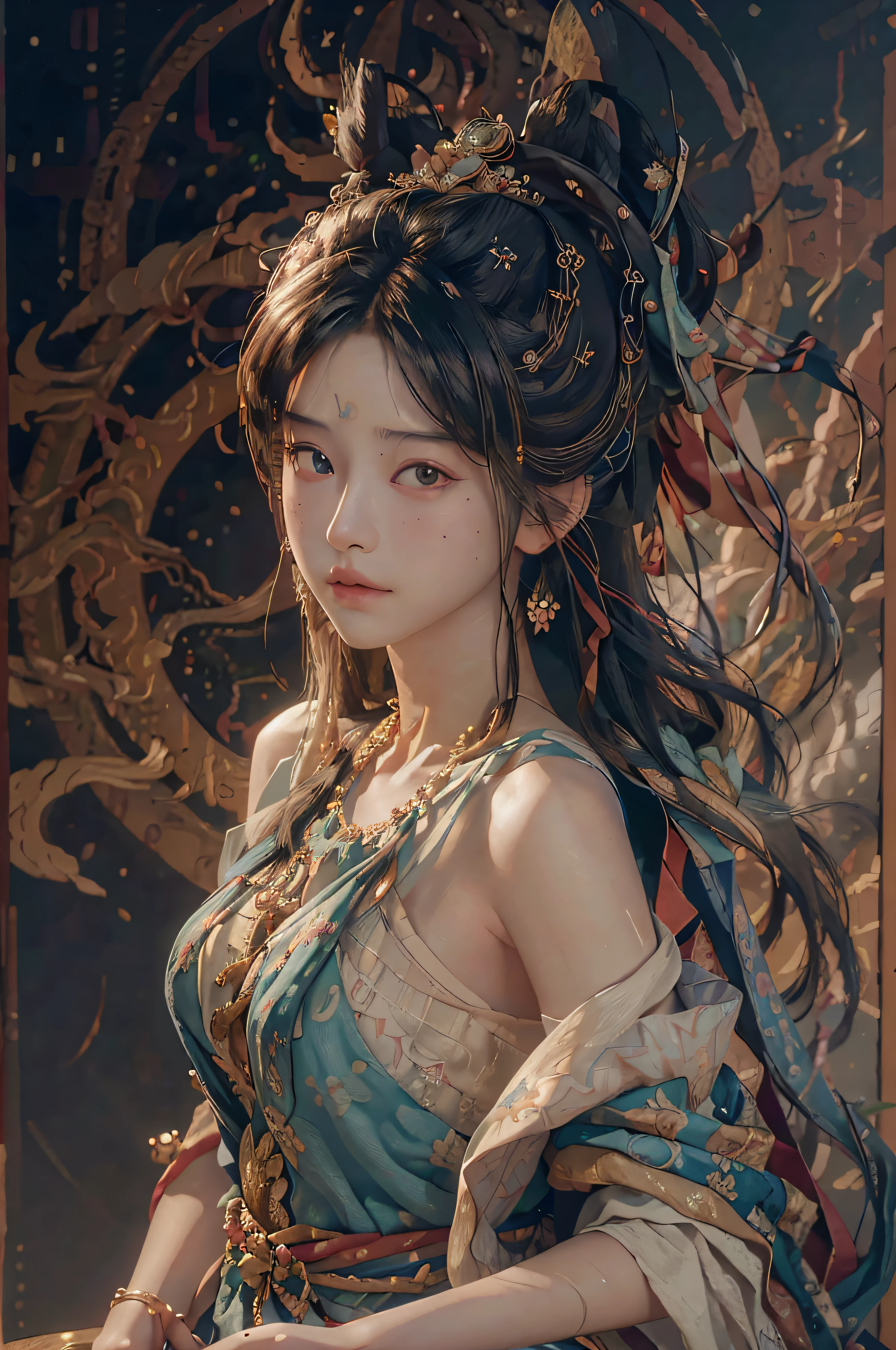(RAW photo, best quality), (realistic, photo-realistic:1.3),best quality,highly detailed,masterpiece,ultra-detailed,illustration,1girl,upper_body,dynamic angle,world masterpiece theater,messy_long_hair,best quality,extremely detailed CG unity 8k wallpaper,ink,Amazing,cinematic lighting,lens_flare, dunhuang_style