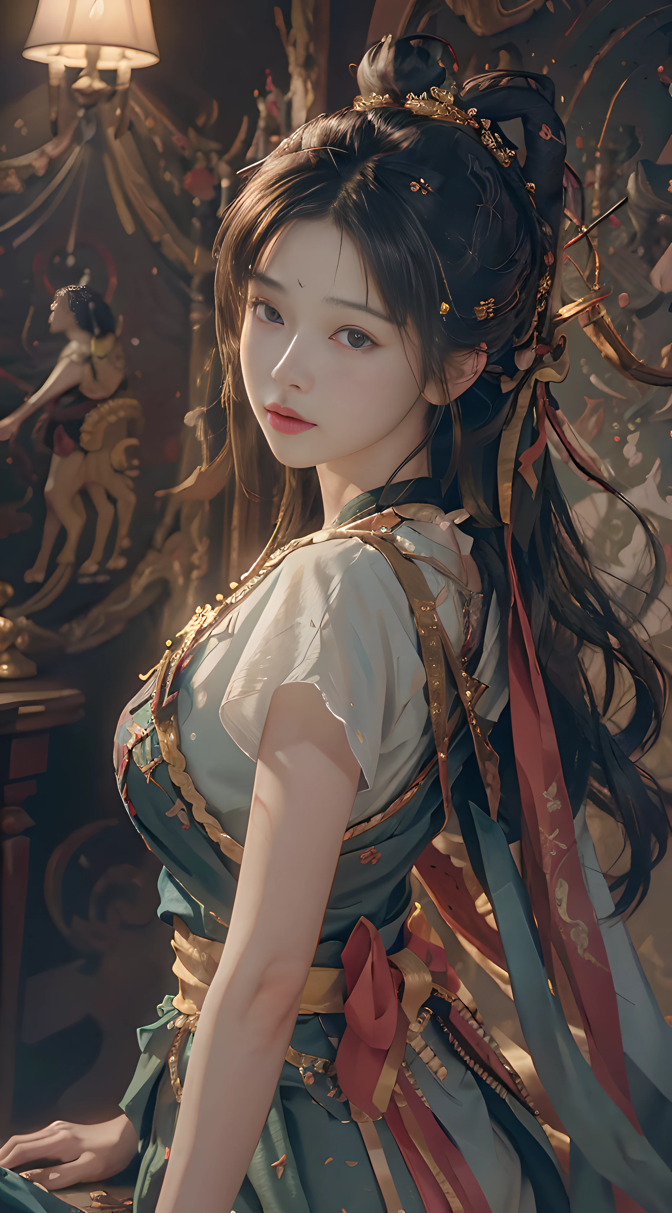 (RAW photo, best quality), (realistic, photo-realistic:1.3),best quality,highly detailed,masterpiece,ultra-detailed,illustration,1girl,upper_body,dynamic angle,world masterpiece theater,messy_long_hair,best quality,extremely detailed CG unity 8k wallpaper,ink,Amazing,cinematic lighting,lens_flare, dunhuang_style