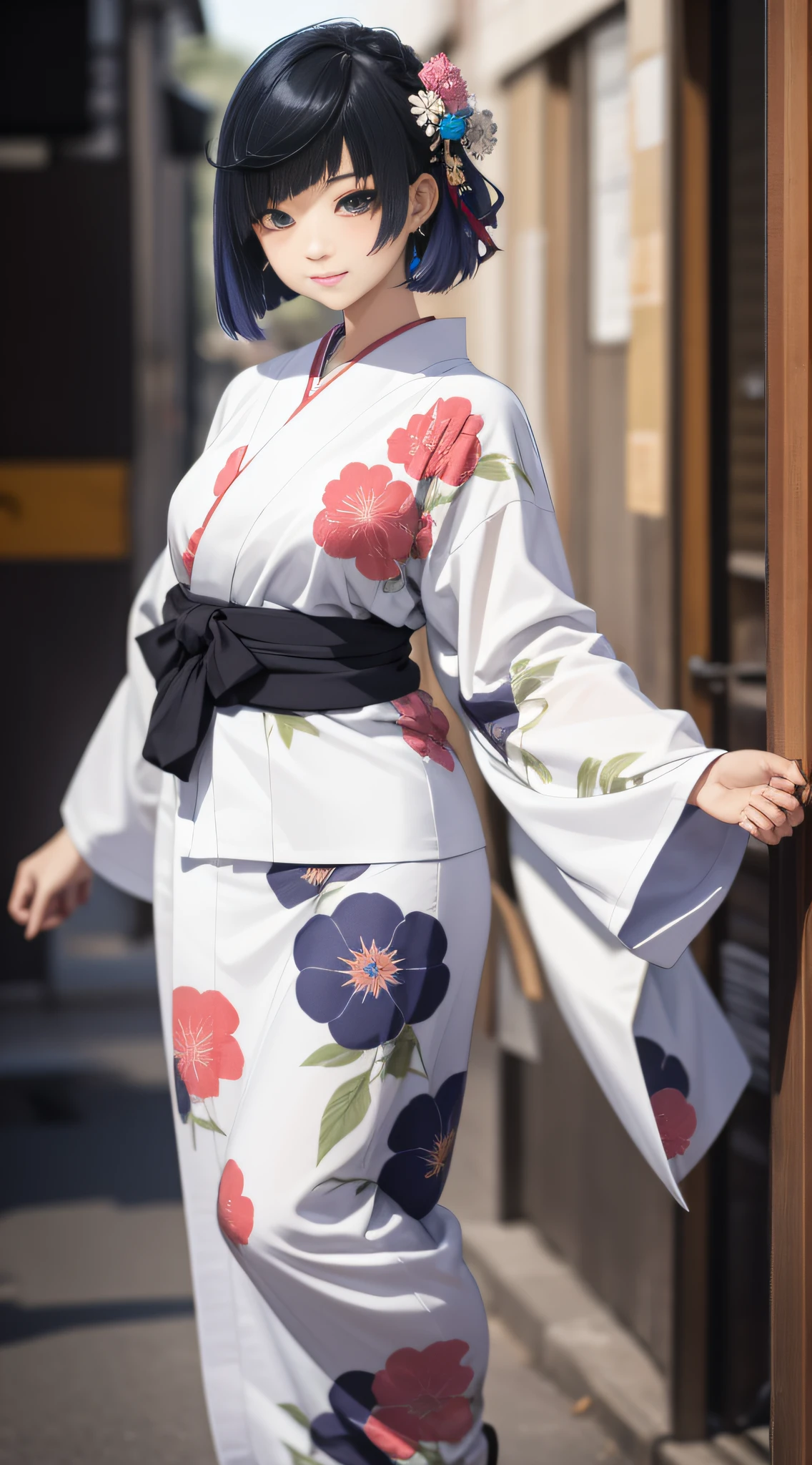 Slender beauty in yukata, bangs, full body