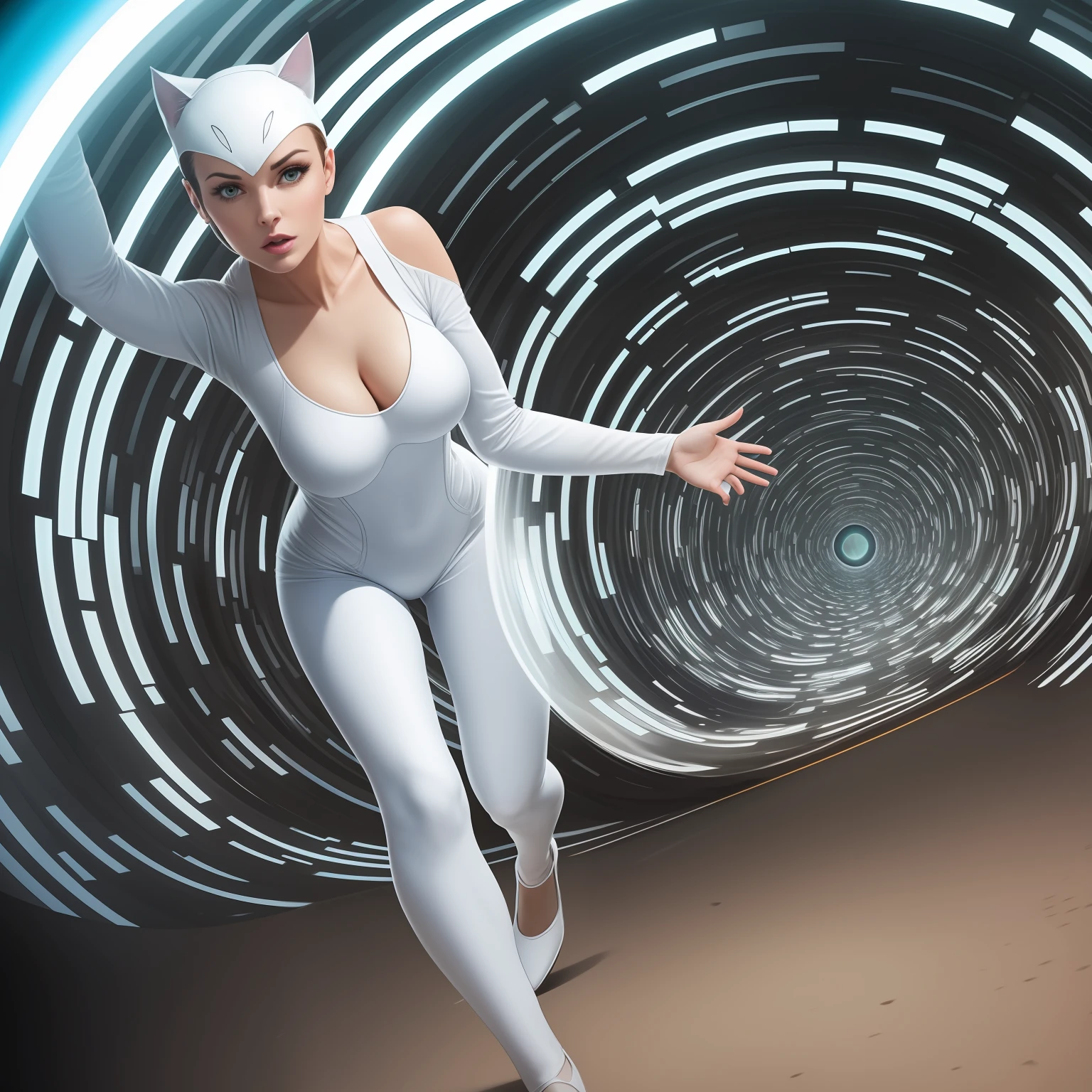 White Catwoman entering the time tunnel, wearing a sleek, form-fitting bodysuit, with a curious and intrigued expression on her face. The overall color scheme of the image is composed of pastel shades. The time tunnel is depicted as luminous and pulsating, a fractal spiral pathway. The image is captured using a high-end camera model, ensuring exceptional photo quality. The composition highlights White Catwoman as the central focus, with the time tunnel serving as a captivating backdrop. The perspective chosen emphasizes the depth and scale of the tunnel, creating a sense of awe and wonder. The lighting is cool and blue, evoking a futuristic ambiance. The depth of field is carefully adjusted to keep both White Catwoman and the time tunnel in sharp focus. The shutter speed is set to capture the movement and energy of White Catwoman entering the tunnel. The resulting image is of exceptional quality, with vibrant colors, crisp details, and dynamic composition.
