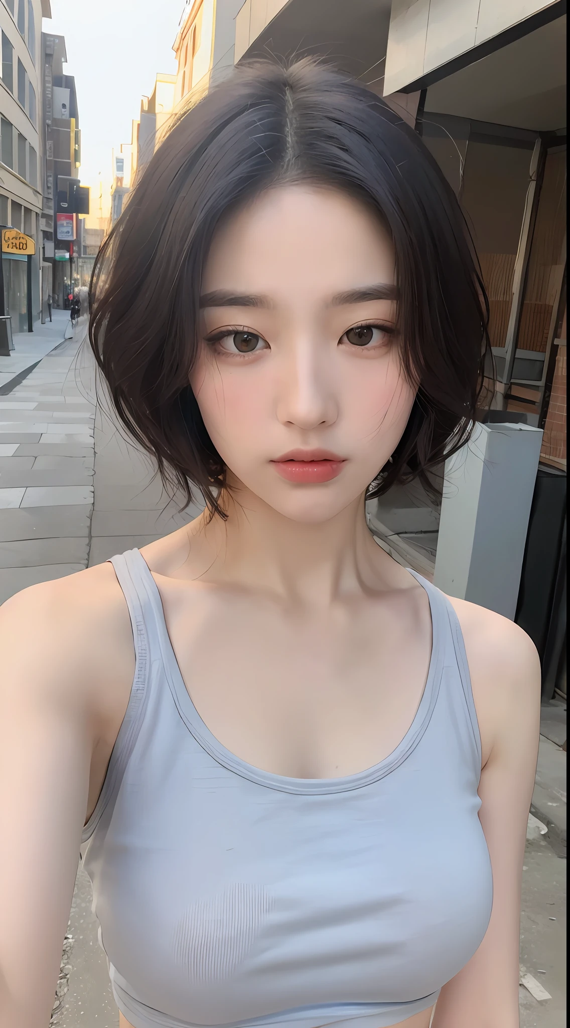 ((Best quality, 8k, Masterpiece :1.3)), Sharp focus:1.2, Perfect Body Beauty:1.4, Slim Abs:1.2, ((Layered Short Hair:1.2)), (Tank top shirt:1.1), (Street:1.2), Highly detailed face and skin texture, Fine eyes, Double eyelids, White T-shirt