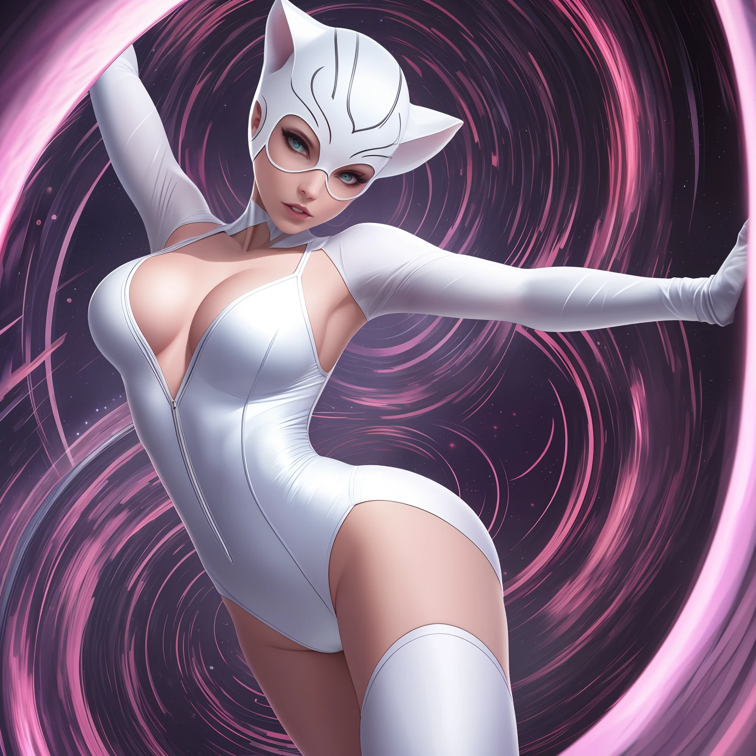 White Catwoman entering the time tunnel, wearing a sleek, form-fitting bodysuit, with a curious and intrigued expression on her face. The overall color scheme of the image is composed of pastel shades. The time tunnel is depicted as luminous and pulsating, a fractal spiral pathway. The image is captured using a high-end camera model, ensuring exceptional photo quality. The composition highlights White Catwoman as the central focus, with the time tunnel serving as a captivating backdrop. The perspective chosen emphasizes the depth and scale of the tunnel, creating a sense of awe and wonder. The lighting is cool and blue, evoking a futuristic ambiance. The depth of field is carefully adjusted to keep both White Catwoman and the time tunnel in sharp focus. The shutter speed is set to capture the movement and energy of White Catwoman entering the tunnel. The resulting image is of exceptional quality, with vibrant colors, crisp details, and dynamic composition.