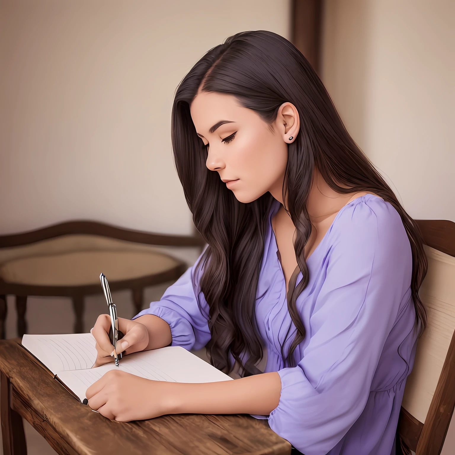 arafed woman sitting in a chair writing concentrated, headshot photo, headshot photography, beautiful female jade tailor, photo of young woman sitting writing, headshot, alanis guillen, profile shot, cute writing sitting young woman with long dark hair, violet myers, beautiful young woman, stunning closeupheadshot