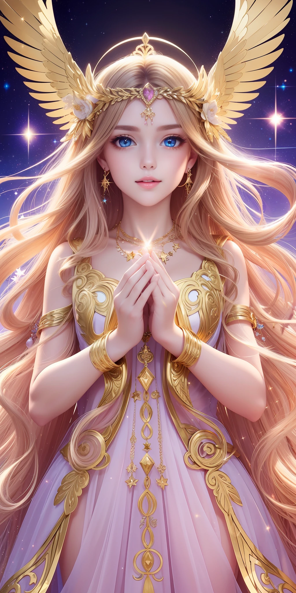 (a girl,masterpiece, top quality, best quality, official art, beautiful and aesthetic), extreme detailed,(fractal art),colorful,highest detailed，closed up, eye focus, 1girl, solo, gloves, jewelry, pink gloves, earrings, pink dress, wink, cute, highres,open mouth, upper teeth,rabbit hair ornament,Perfect body, perfect face, perfect hands, sequins, sparkling eyes，blue eyes,angel wings，long golden hair，happiness,Flat chest, necklaces，blush，long golden curly flowing hair ，greek goddess，Exquisite facial features，Diamond Dress，halo,  Falling pure white feathers，(shine stars) --niji --auto --s2