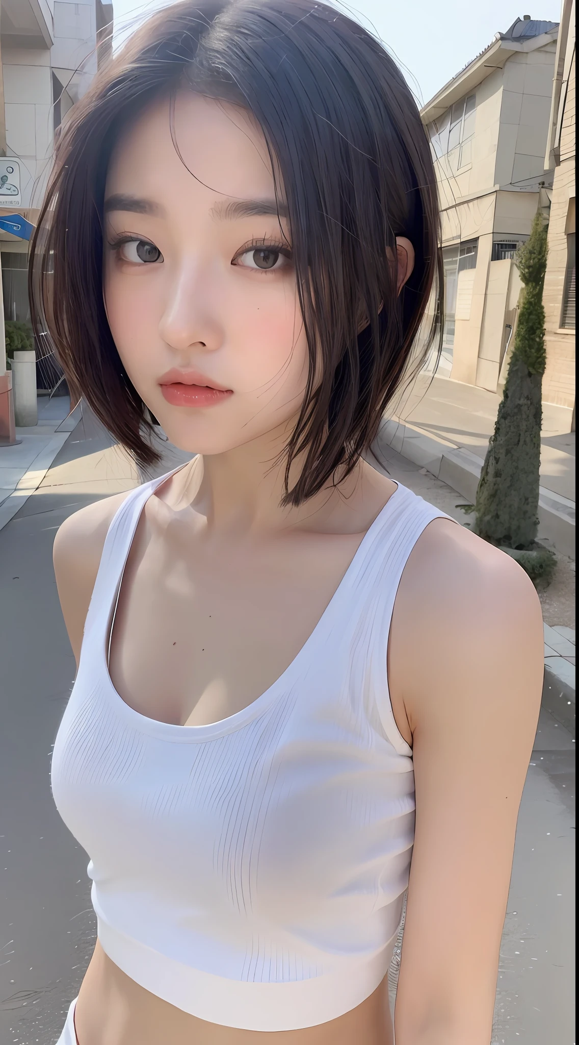 ((Best quality, 8k, Masterpiece :1.3)), Sharp focus:1.2, Perfect Body Beauty:1.4, Slim Abs:1.2, ((Layered Short Hair:1.2)), (Tank top shirt:1.1), (Street:1.2), Highly detailed face and skin texture, Detailed eyes, Double eyelids, white vest